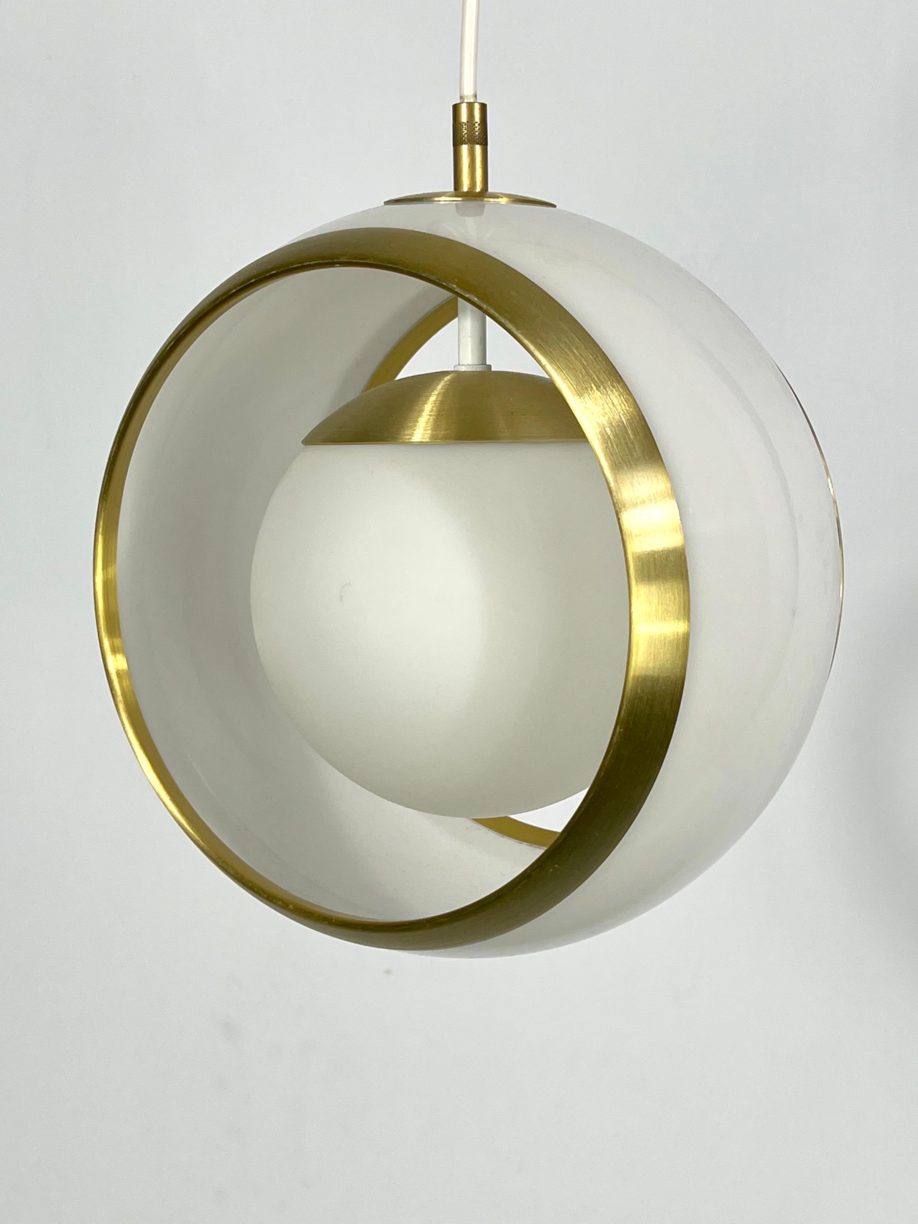 Mid-Century Modern Stilux Milano, Gilded Aluminum, Opaline and Perspex Pendant, Italy, 1960s For Sale