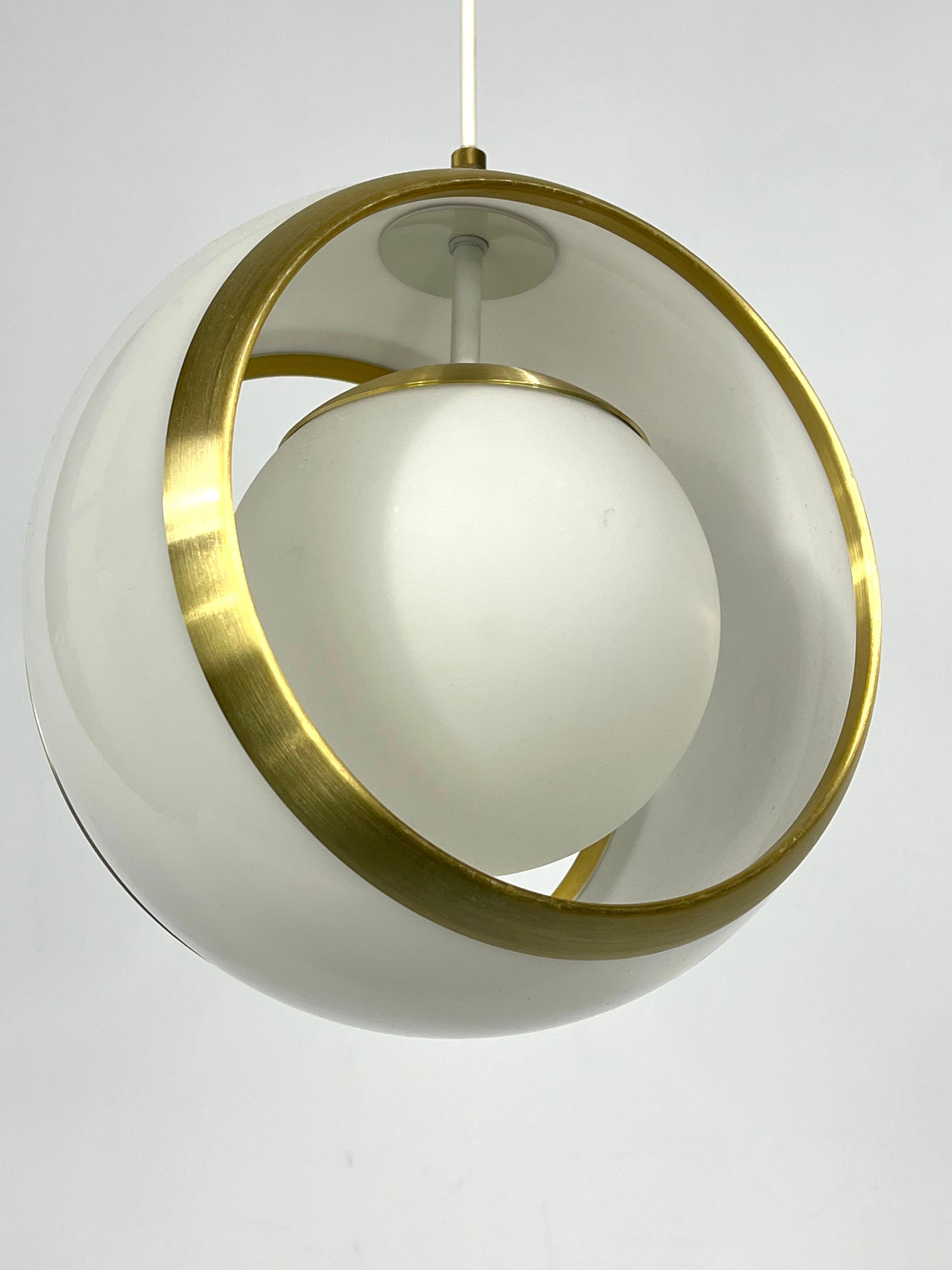 Mid-20th Century Stilux Milano, Gilded Aluminum, Opaline and Perspex Pendant, Italy, 1960s For Sale