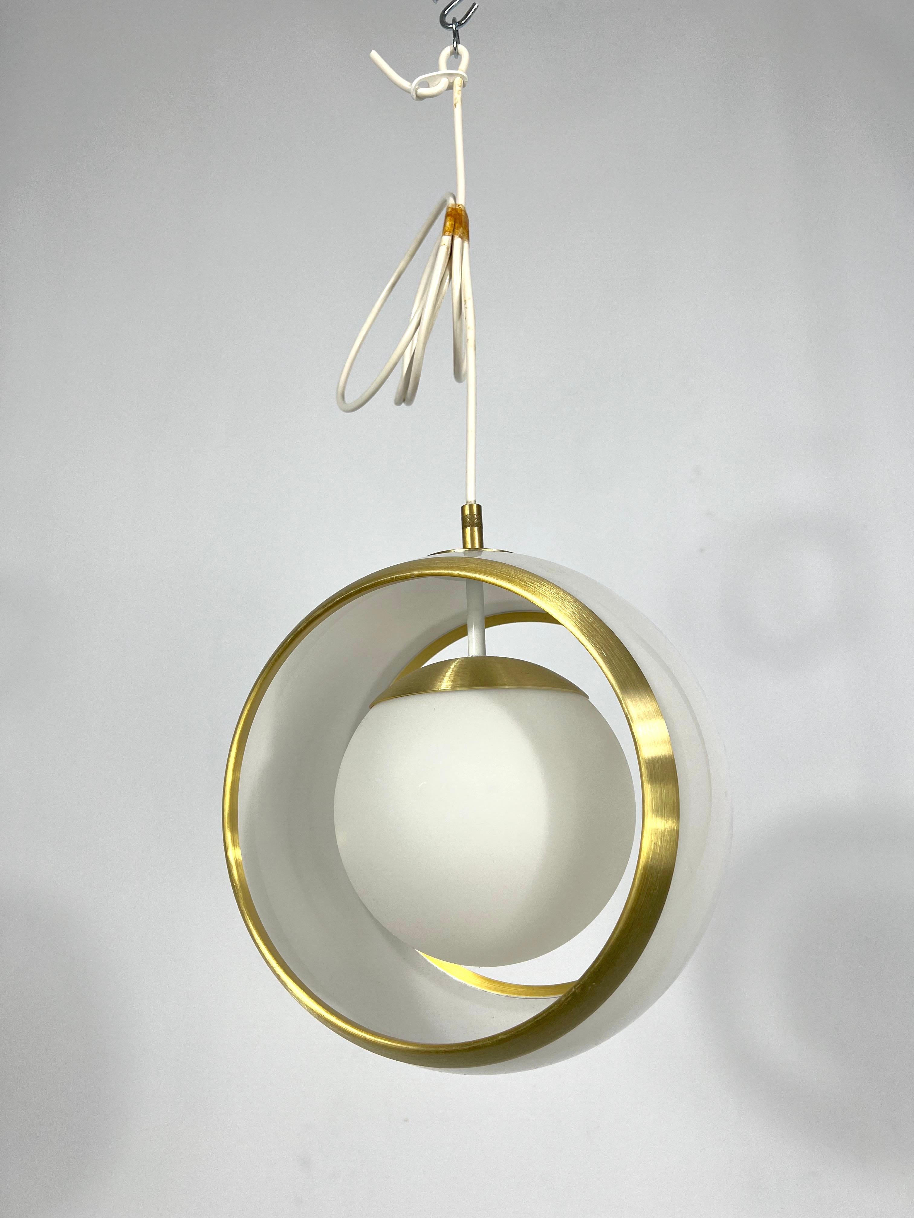Stilux Milano, Gilded Aluminum, Opaline and Perspex Pendant, Italy, 1960s For Sale 2