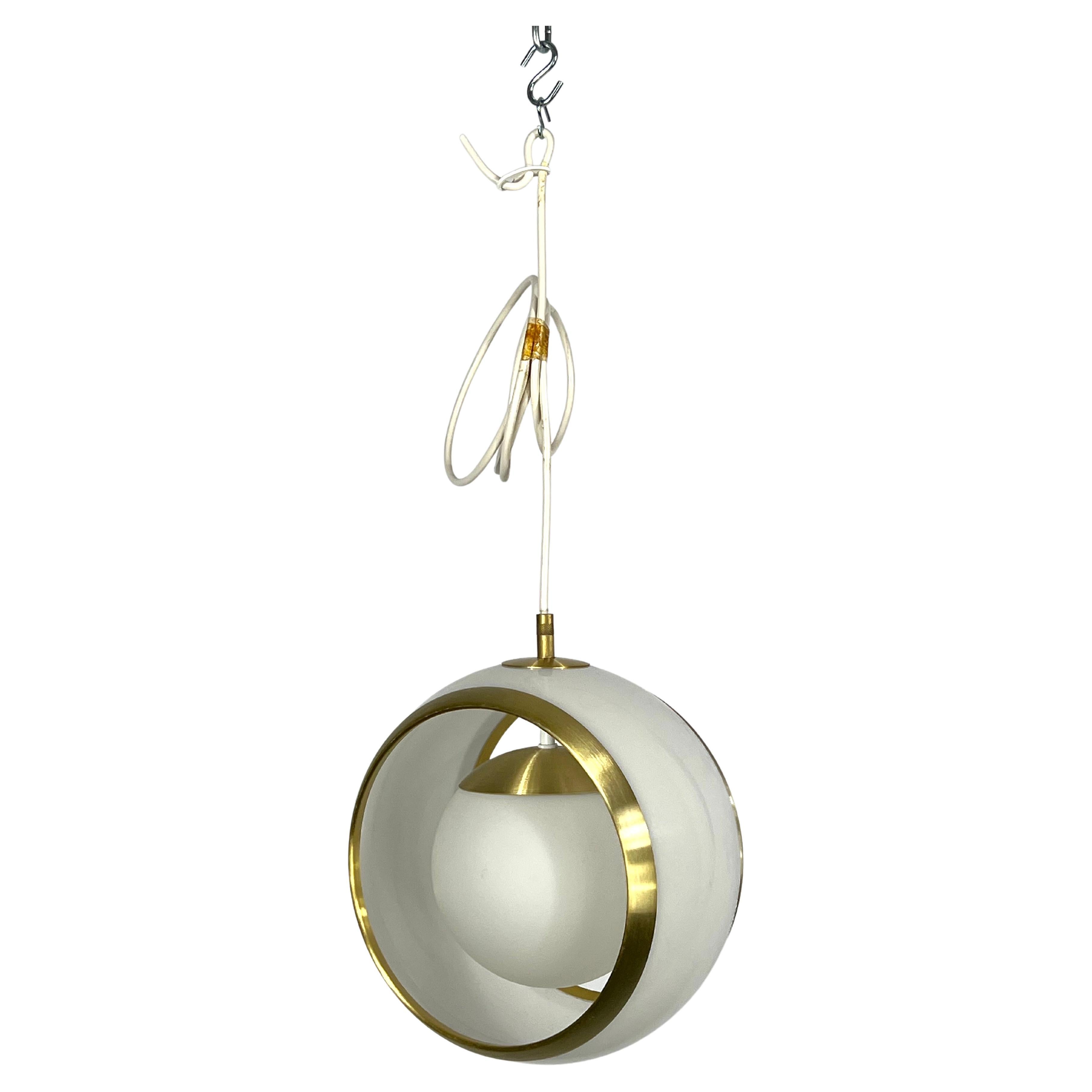 Stilux Milano, Gilded Aluminum, Opaline and Perspex Pendant, Italy, 1960s For Sale