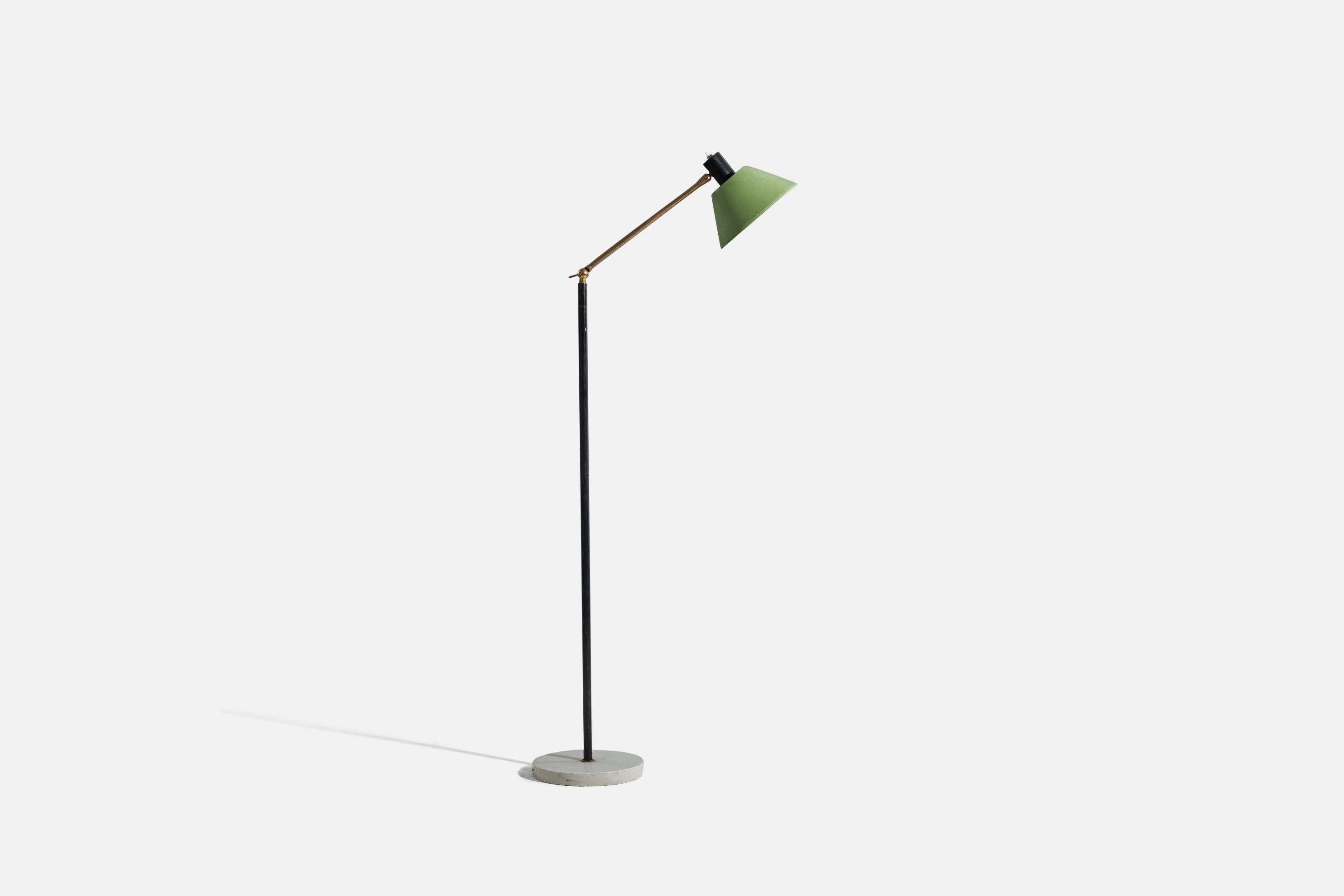 A brass, green-lacquered metal and marble floor lamp, designed and produced by Stilux Milano, Italy, 1950s.

