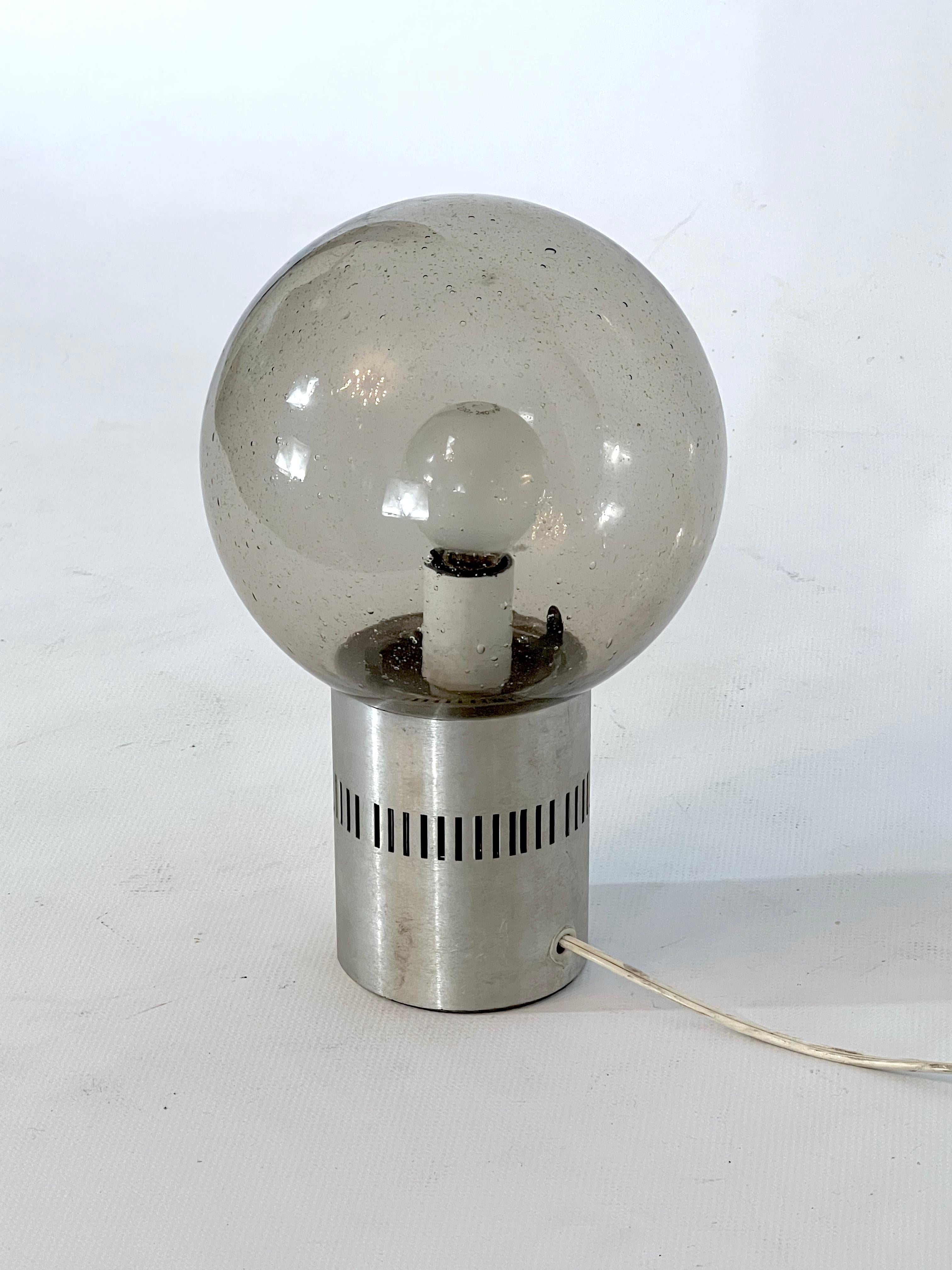Aluminum Stilux Milano, Mid-century aluminum and bullicante glass table lamp For Sale