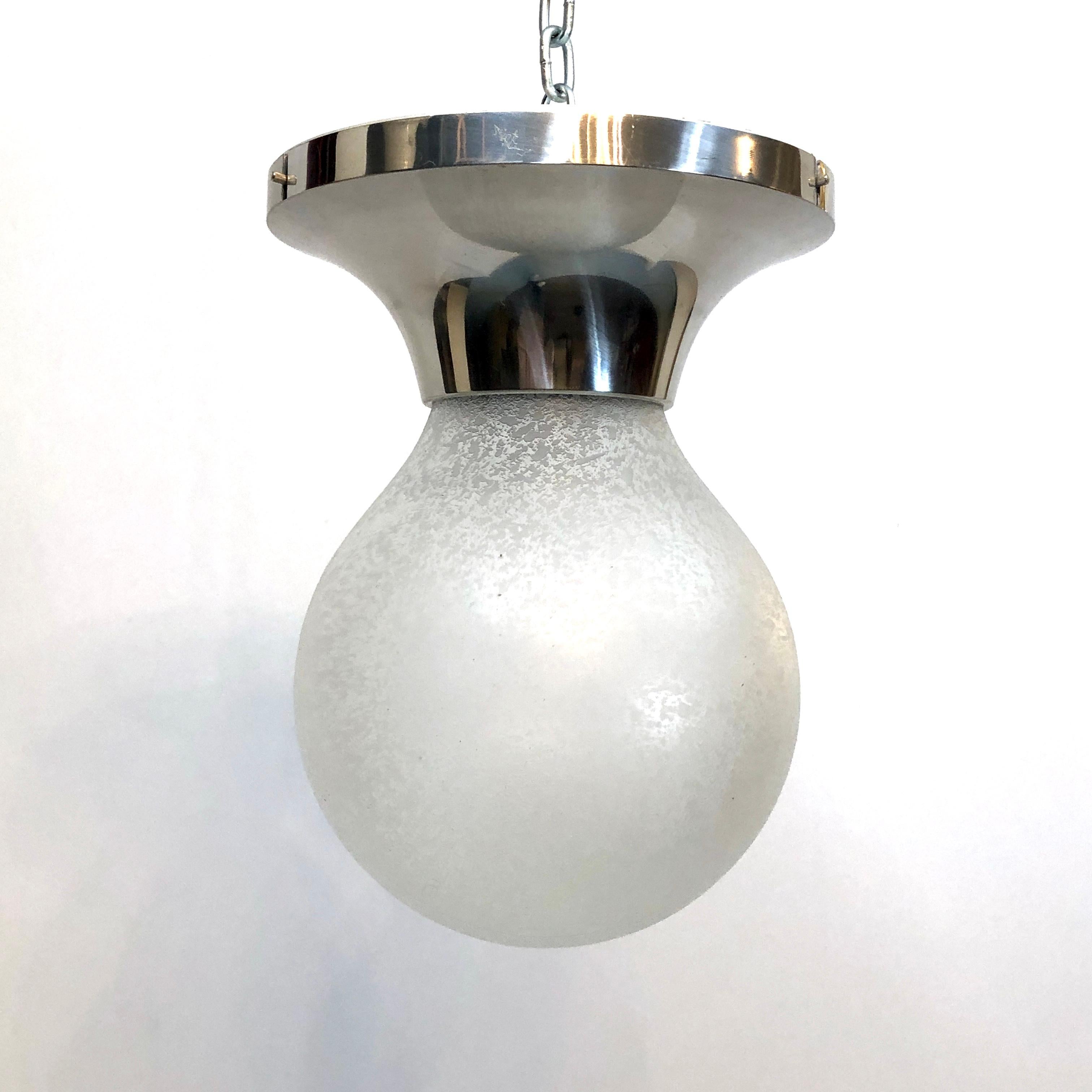 Vintage condition never used for this ceiling lamp produced in Italy by Stilux Milano. Made from polished aluminum and frosted glass. Original tag. Full working with EU standard, adaptable on demand for USA standard.