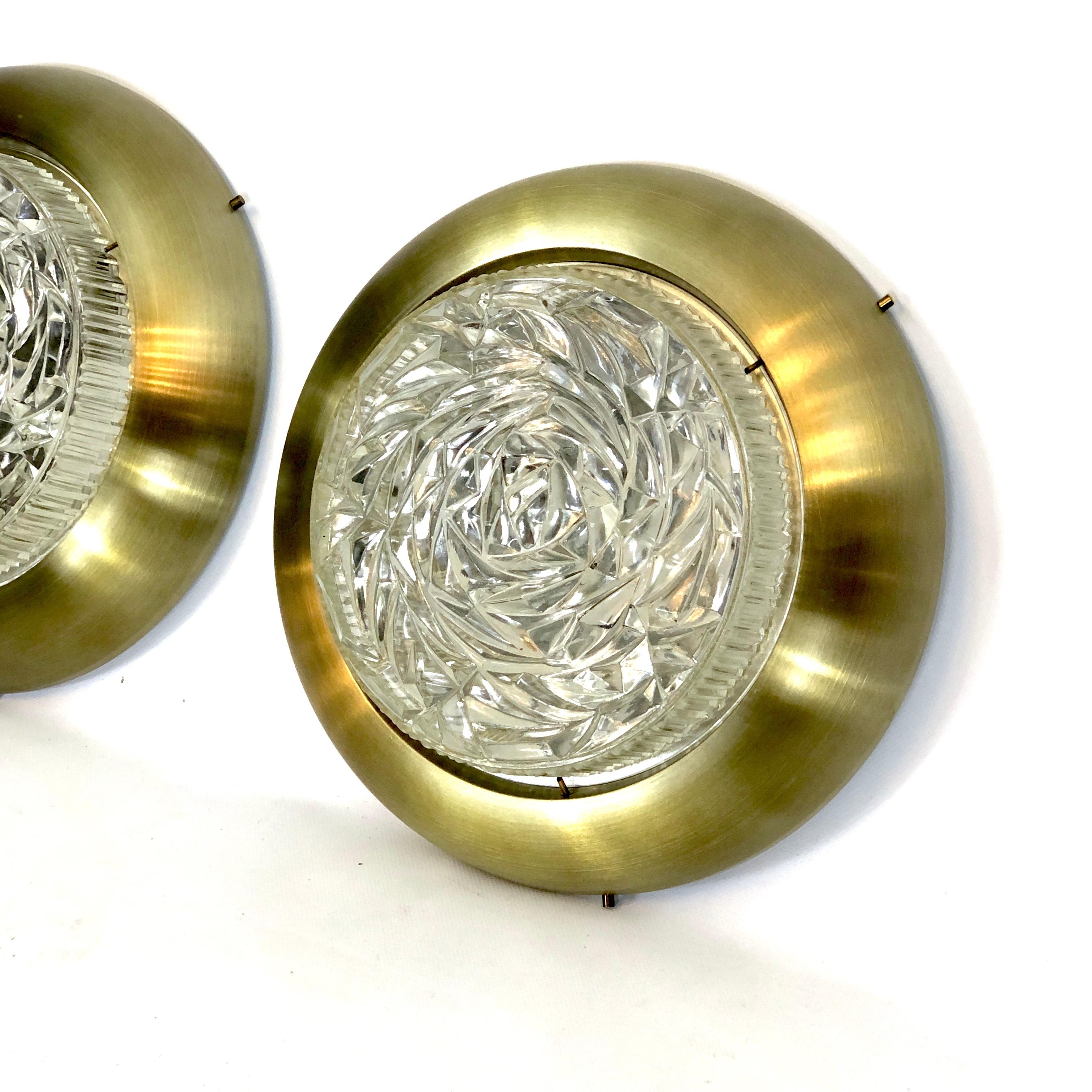 Etched Stilux Milano, Mid-Century Gild and Glass Ceiling Lamps or Sconces, Set of Two For Sale