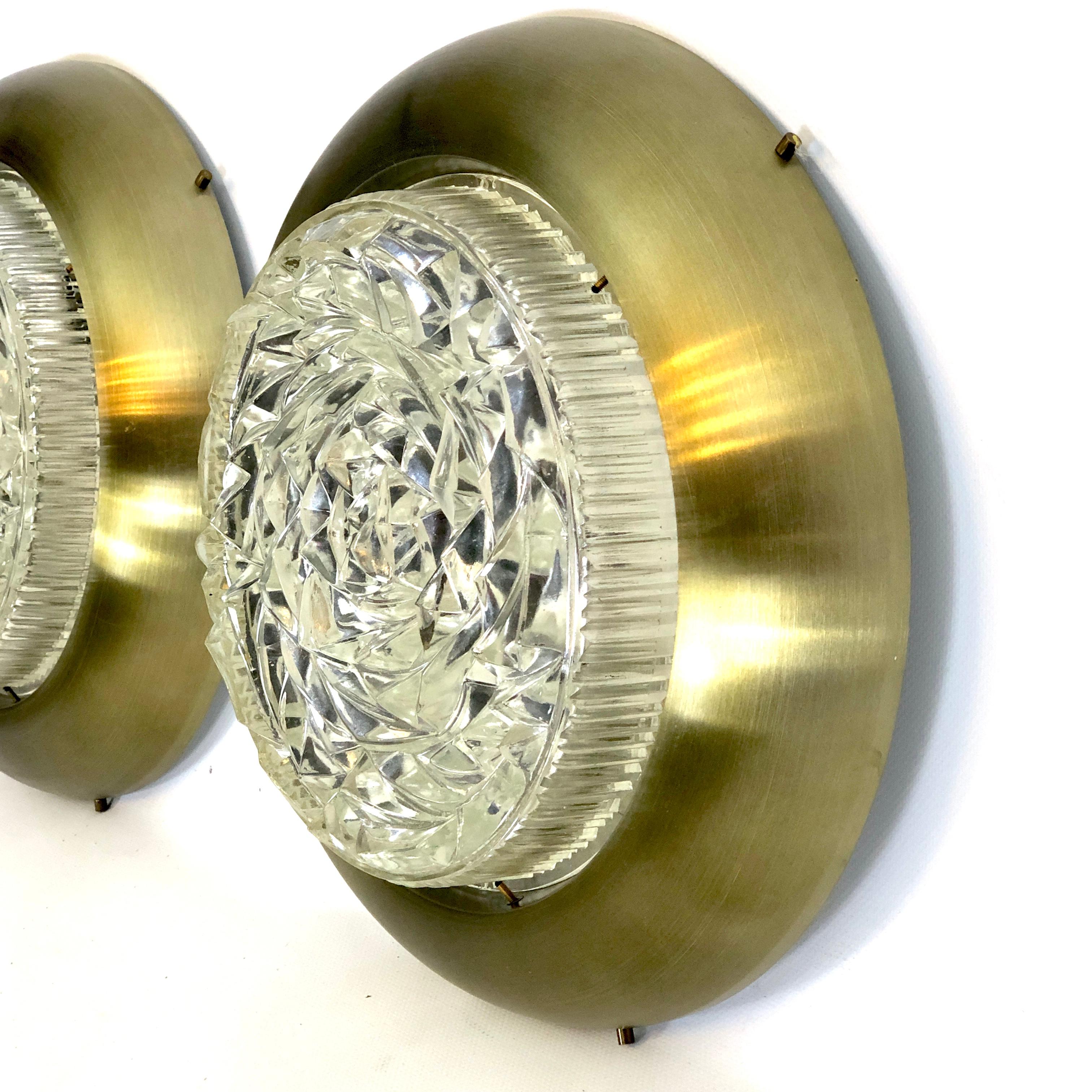 20th Century Stilux Milano, Mid-Century Gild and Glass Ceiling Lamps or Sconces, Set of Two For Sale