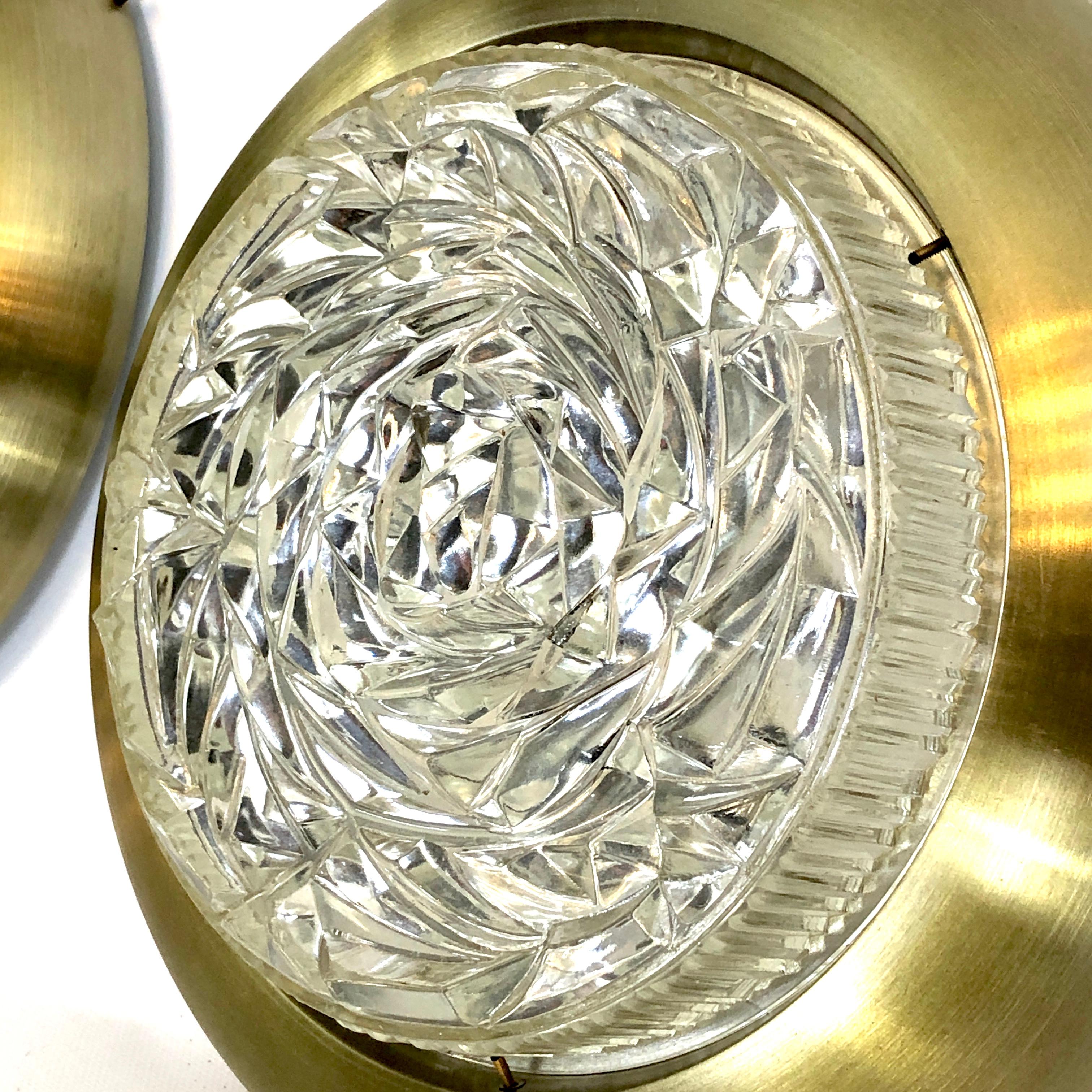 Aluminum Stilux Milano, Mid-Century Gild and Glass Ceiling Lamps or Sconces, Set of Two For Sale