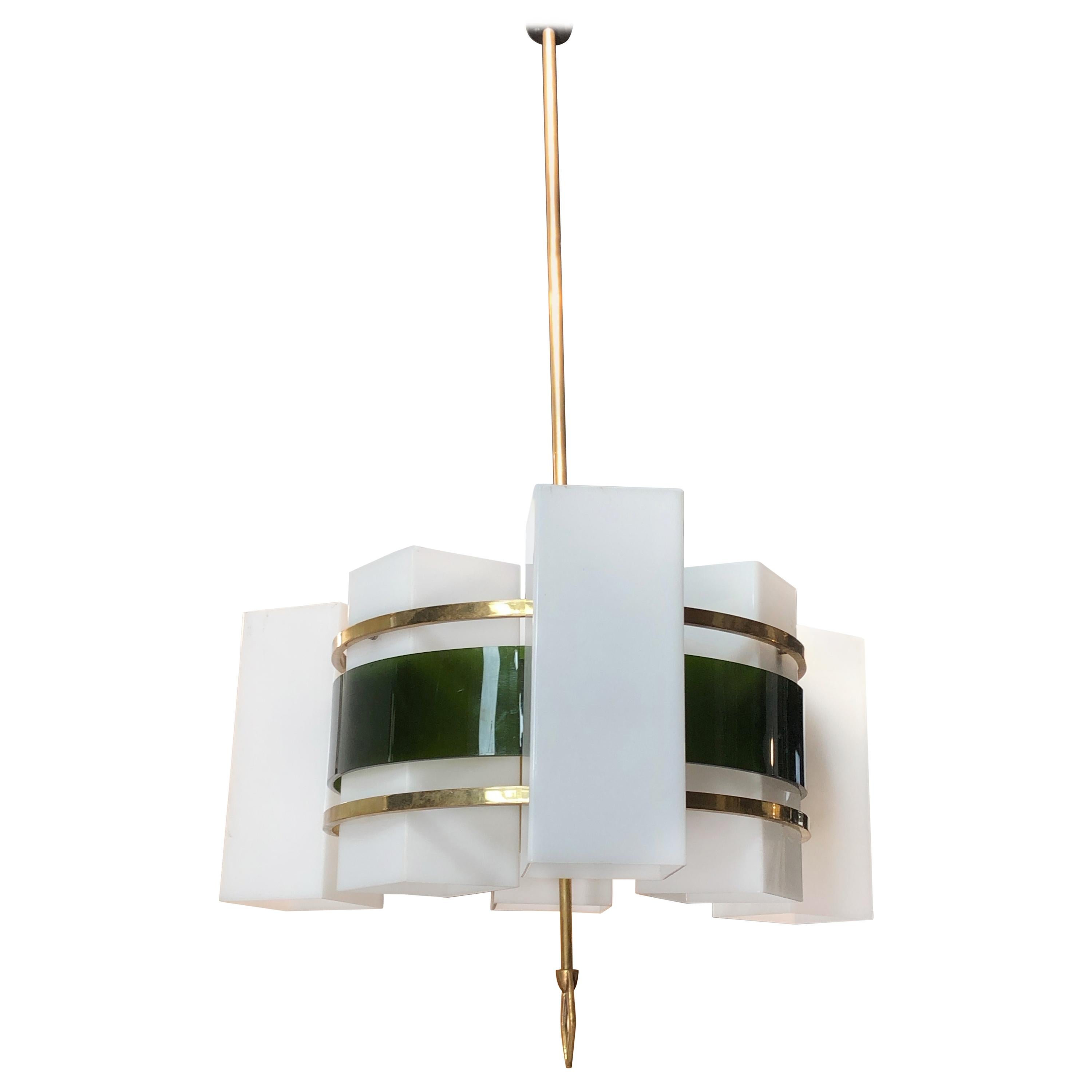 Stilux Milano Mid-Century Modern Italian Plexiglas and Brass Chandelier, 1960