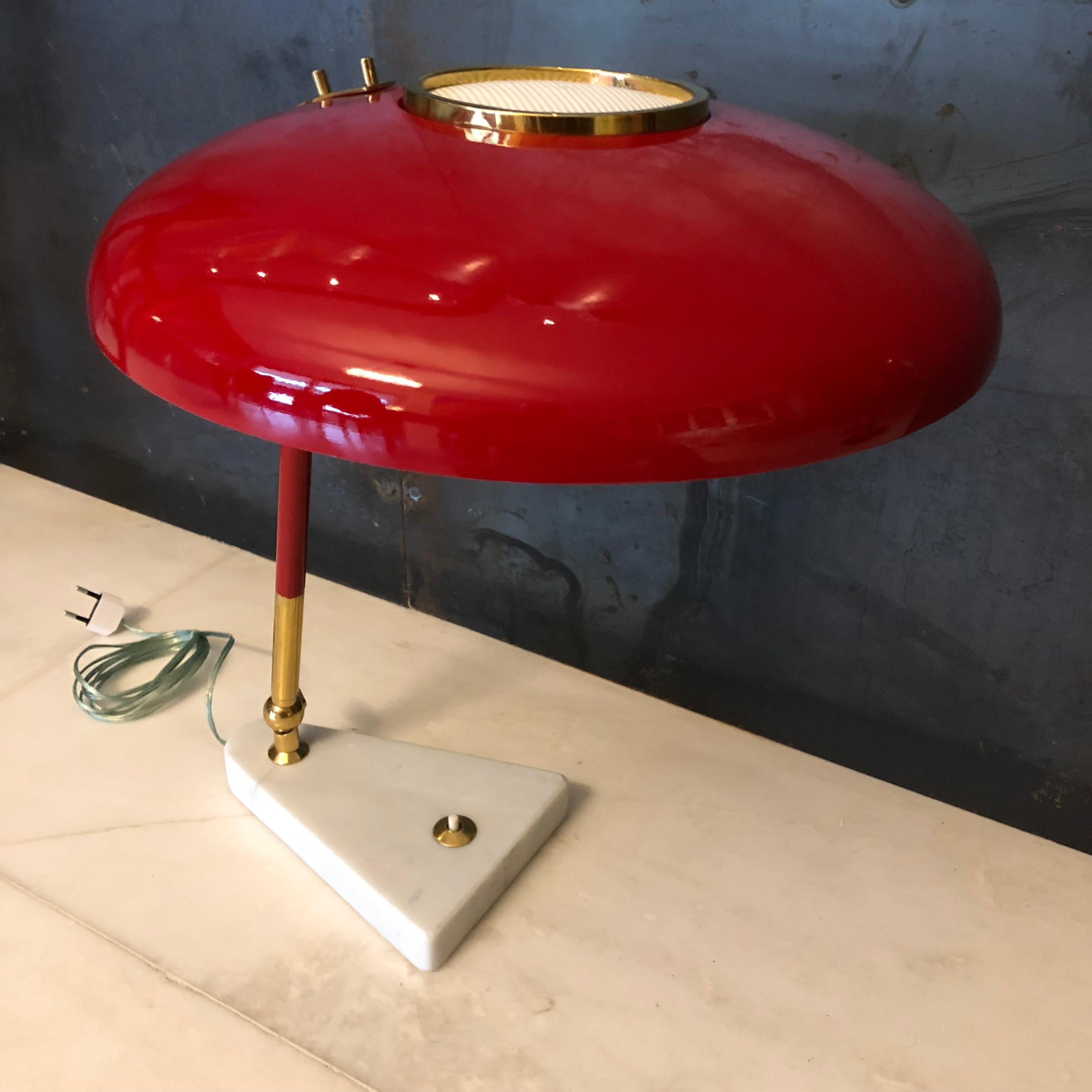Brass Stilux Milano Midcentury Marble and Red Aluminum Italian Desk Lamp, 1950s