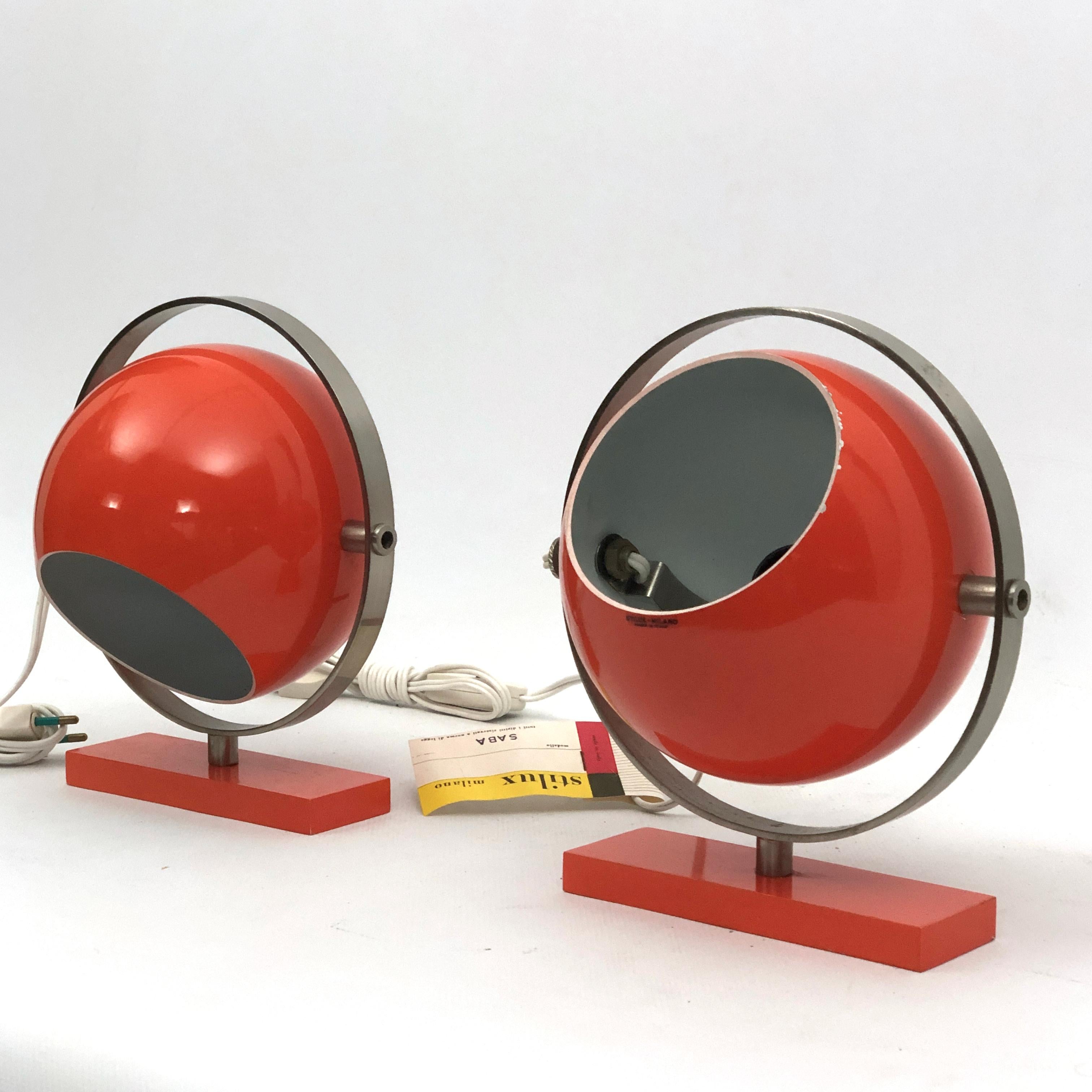 Stilux Milano Model Saba, Rare Orange Globe Table Lamps from 60s. Set of Two For Sale 3