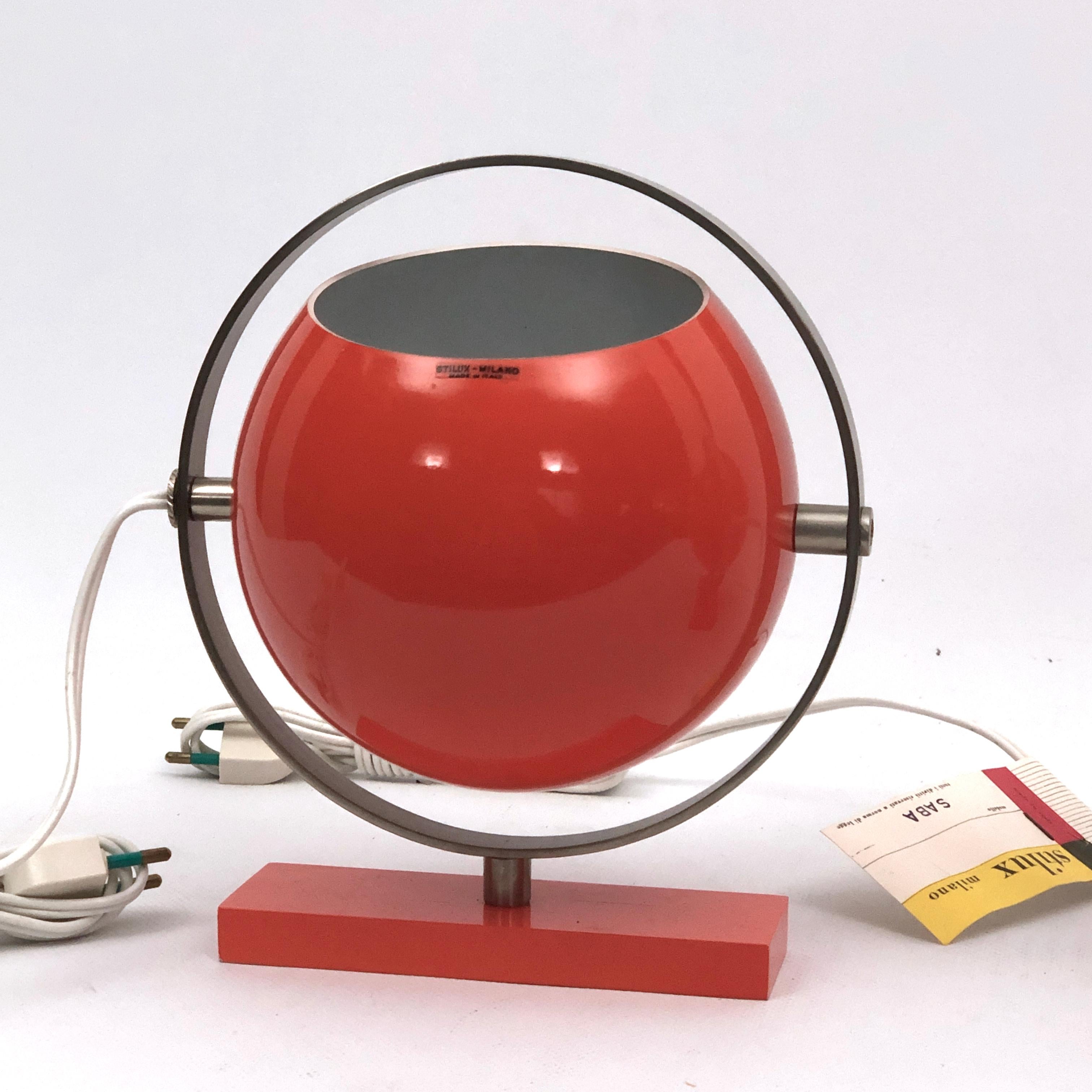 Italian Stilux Milano Model Saba, Rare Orange Globe Table Lamps from 60s. Set of Two For Sale