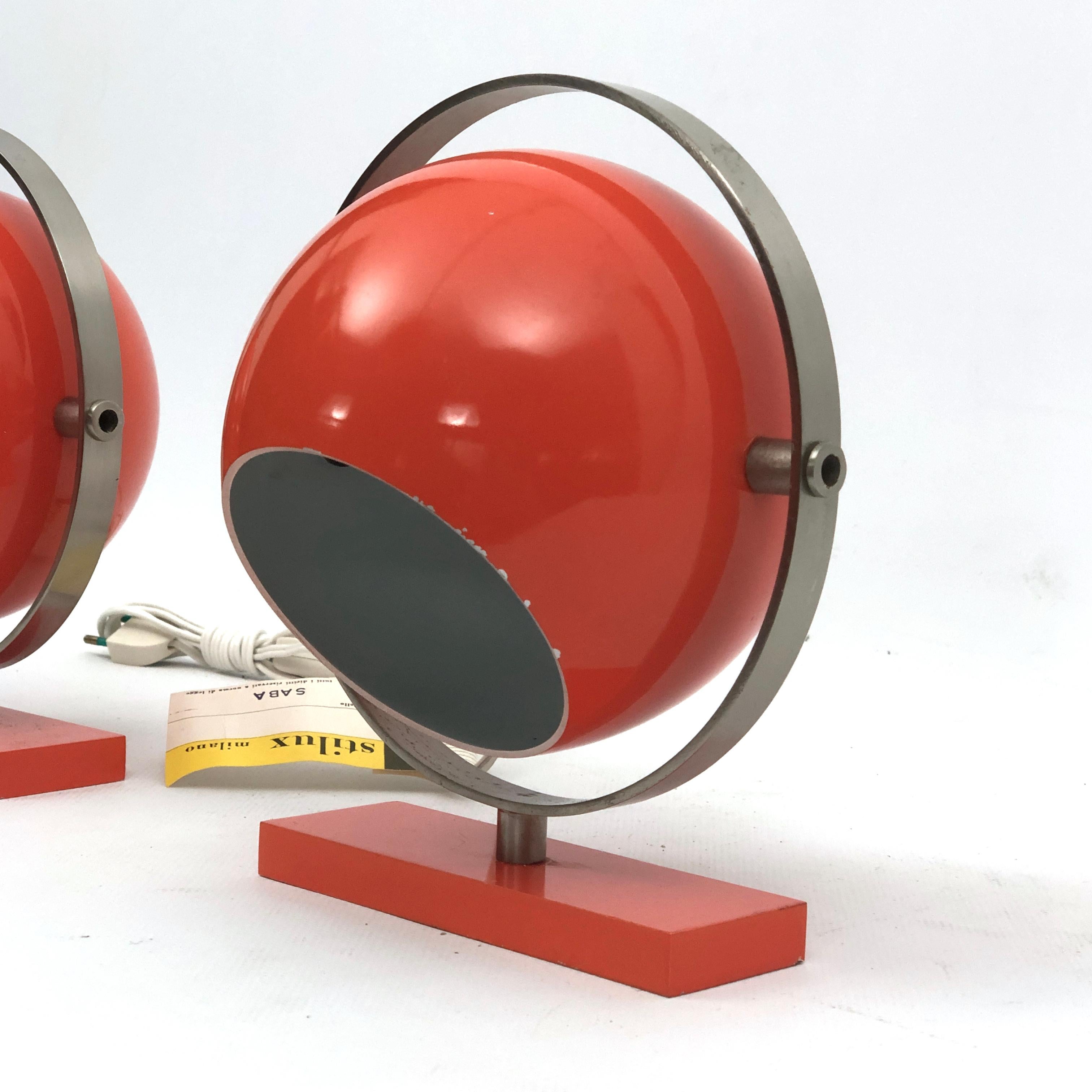 Stilux Milano Model Saba, Rare Orange Globe Table Lamps from 60s. Set of Two For Sale 1