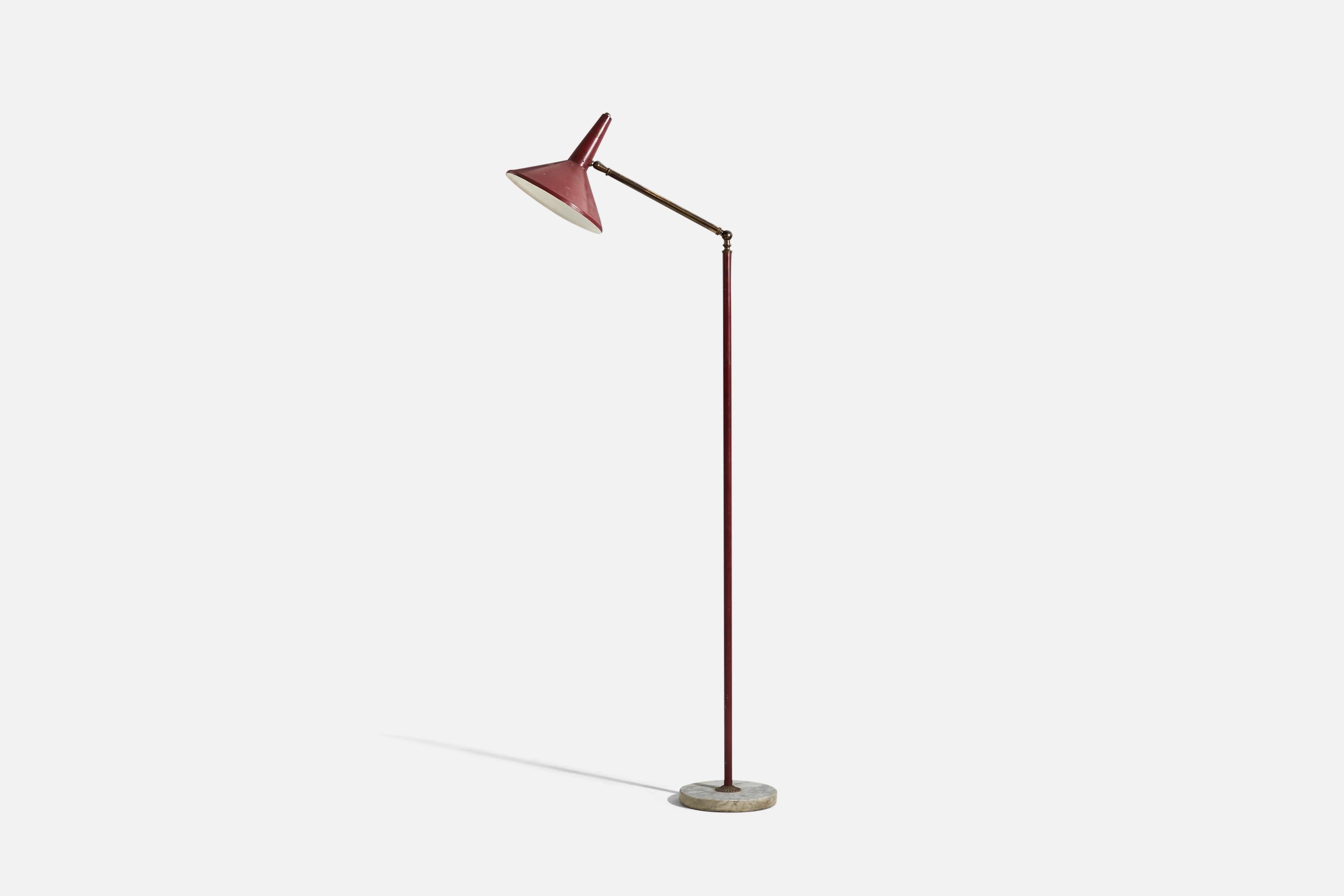 A brass, red-lacquered metal and marble floor lamp, designed and produced by Stilux Milano, Italy, 1950s.

