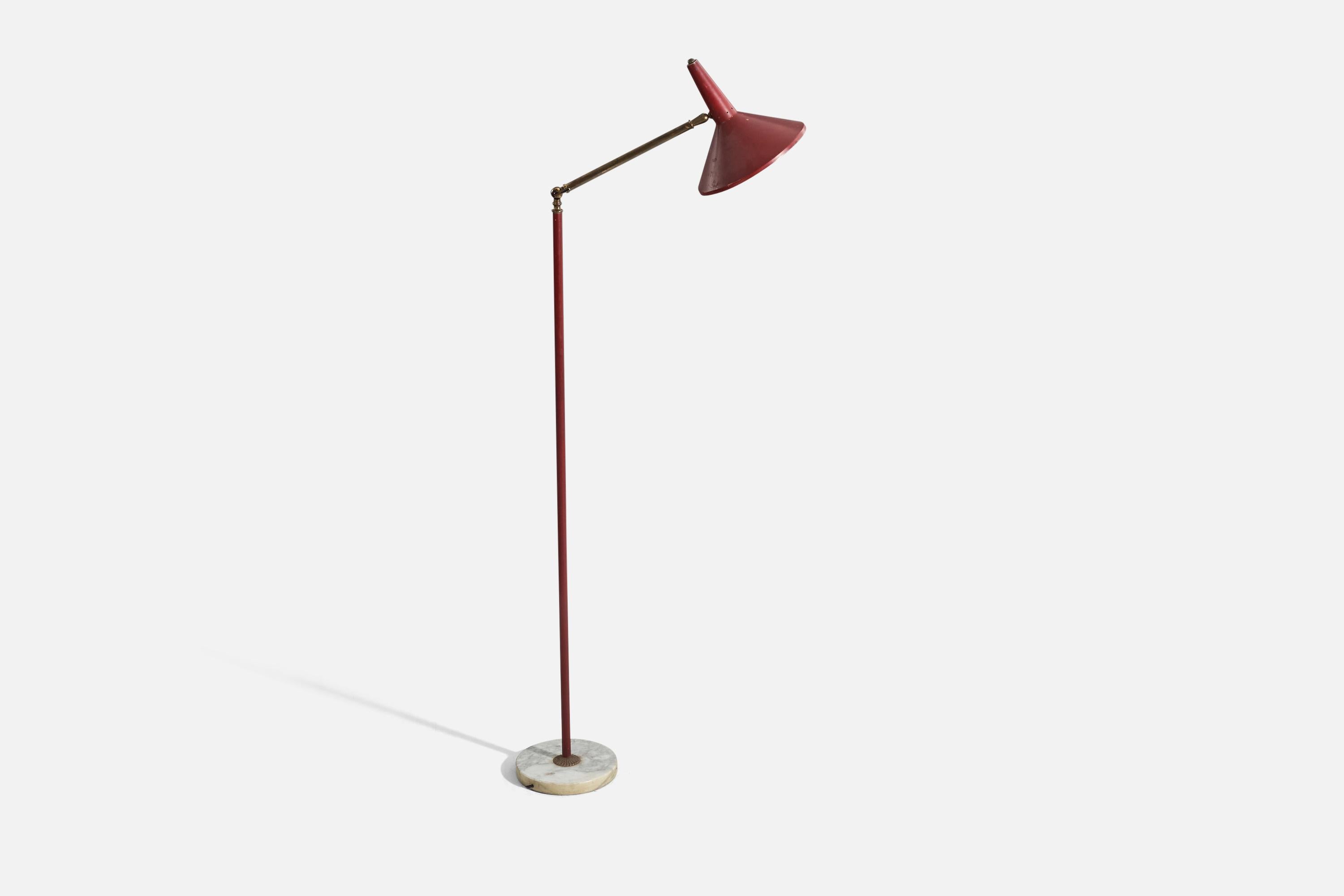 Mid-Century Modern Stilux Milano, Red Floor Lamp, Brass, Metal, Marble, Italy, 1950s For Sale