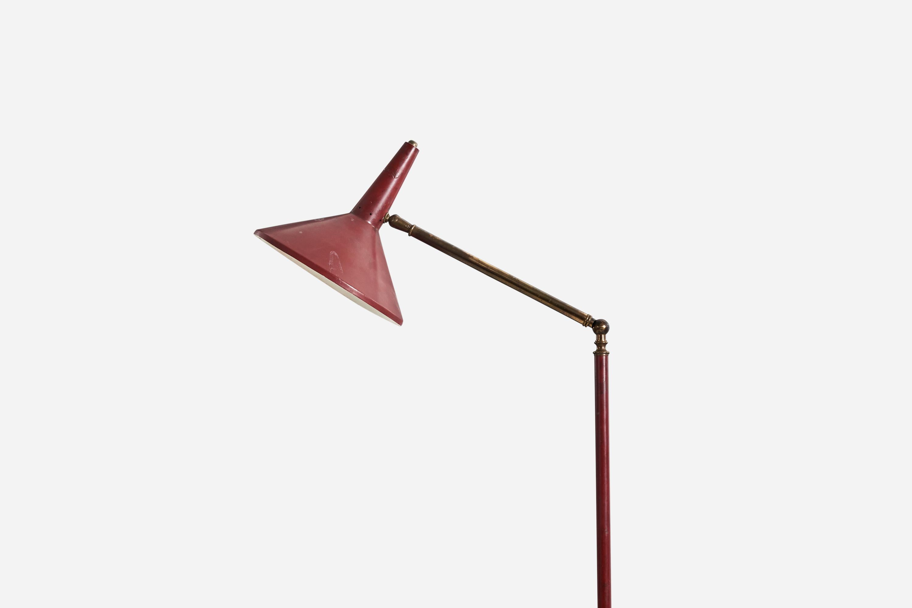 Italian Stilux Milano, Red Floor Lamp, Brass, Metal, Marble, Italy, 1950s For Sale