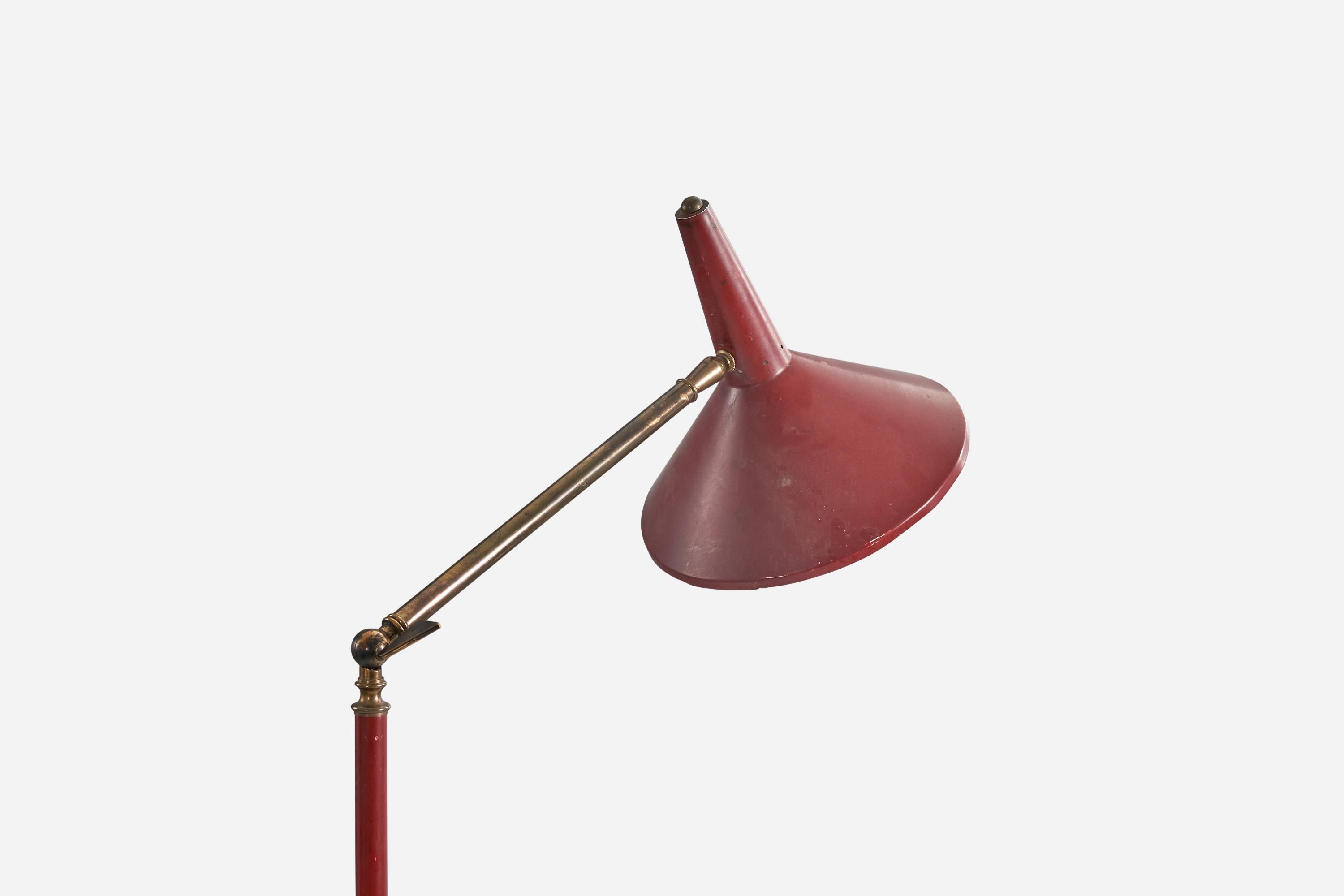 Stilux Milano, Red Floor Lamp, Brass, Metal, Marble, Italy, 1950s In Good Condition For Sale In High Point, NC