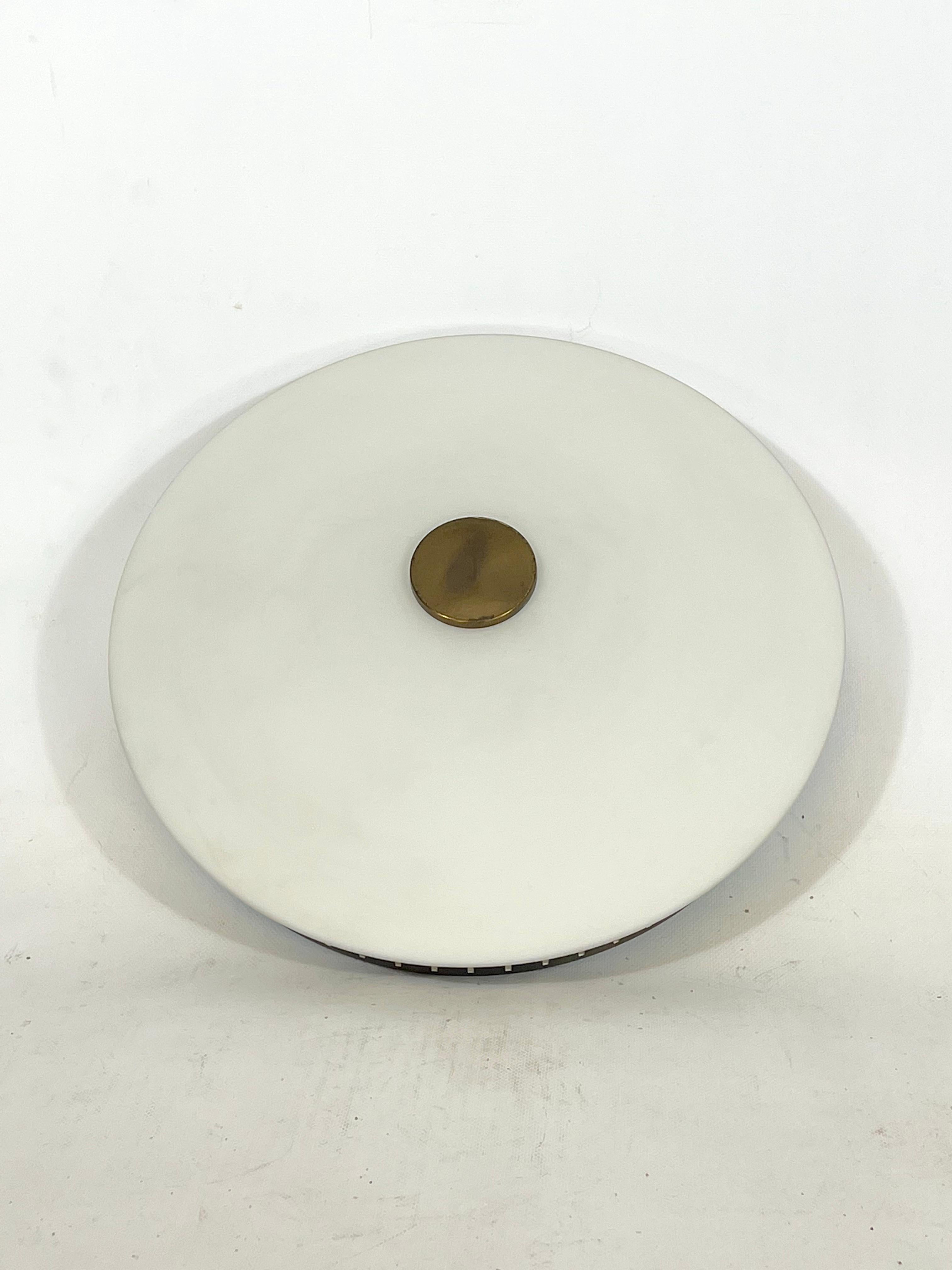 Good vintage condition for this opaline glass and gilded aluminum ceiling lamp model Lido. Produced by Stilux Milano during the 60s. Manufacturing Tag. Full working with EU standard, adaptable on demand for USA standard.