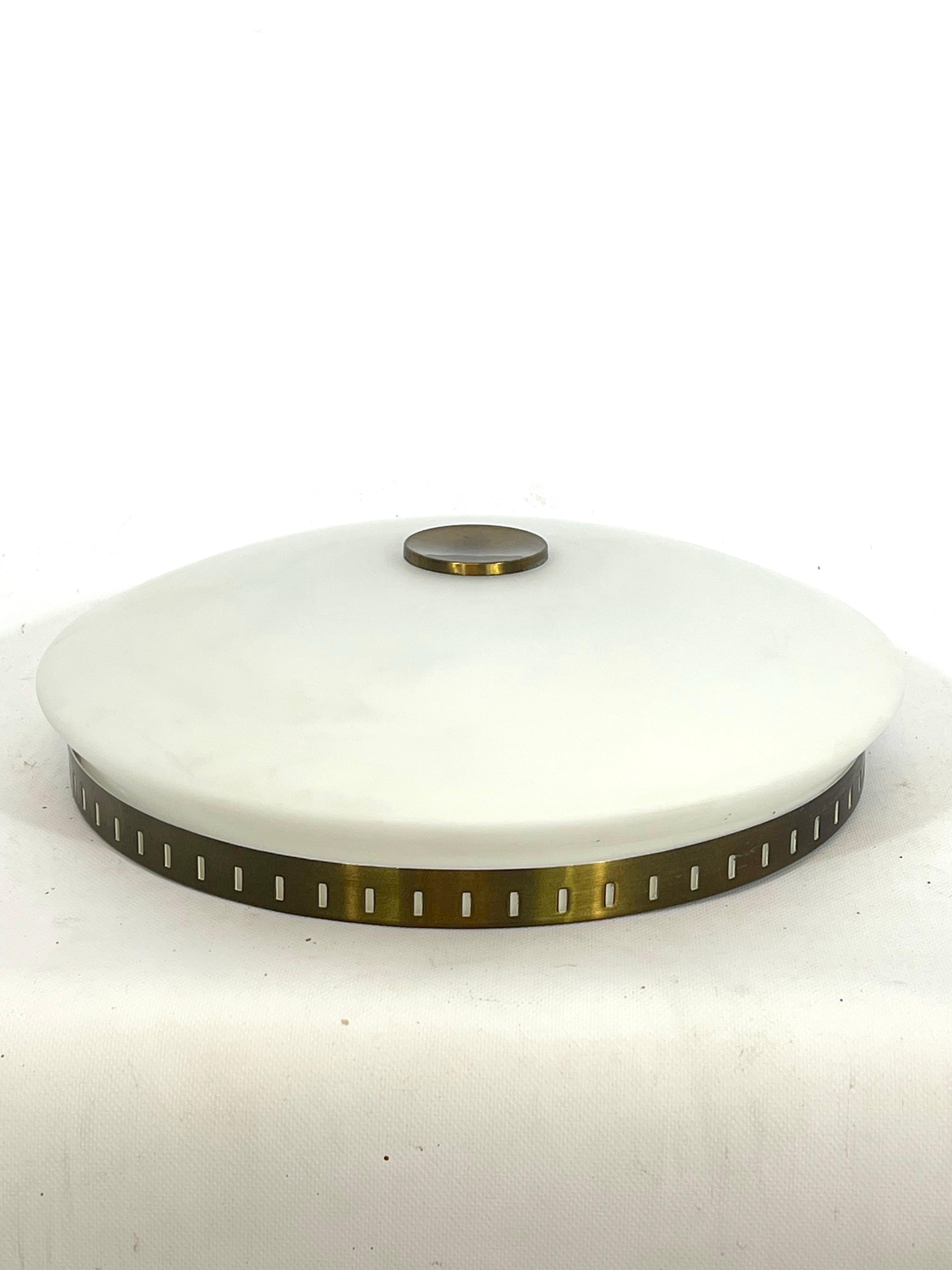 Mid-Century Modern Stilux Milano, Round Opaline Glass Ceiling Lamp Model Lido, 1960s For Sale