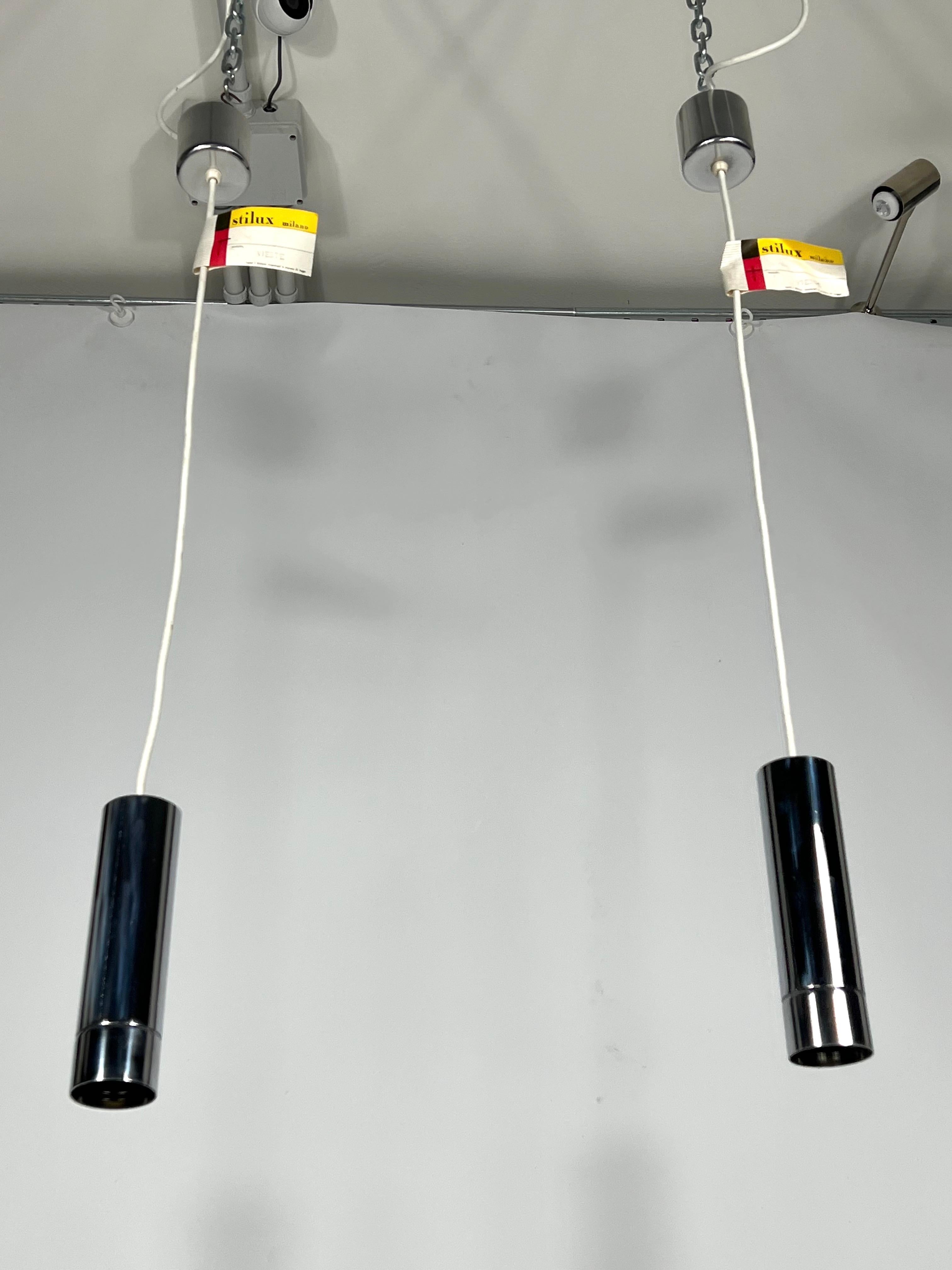 Italian Stilux Milano, Set of Two Chrome Pendant Lamps from 70s For Sale