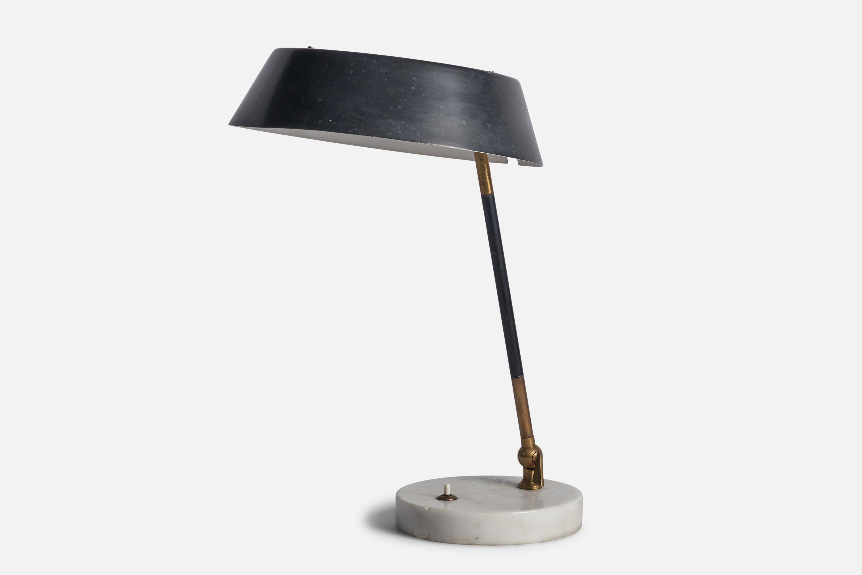 A brass, marble, acrylic and black-lacquered metal table lamp designed and produced by Stilux Milano, Italy, 1950s.

Overall Dimensions (inches): 16.75” H x 11.5” W x 16” D
Bulb Specifications: E-14 Bulb
Number of Sockets: 2
All lighting will be