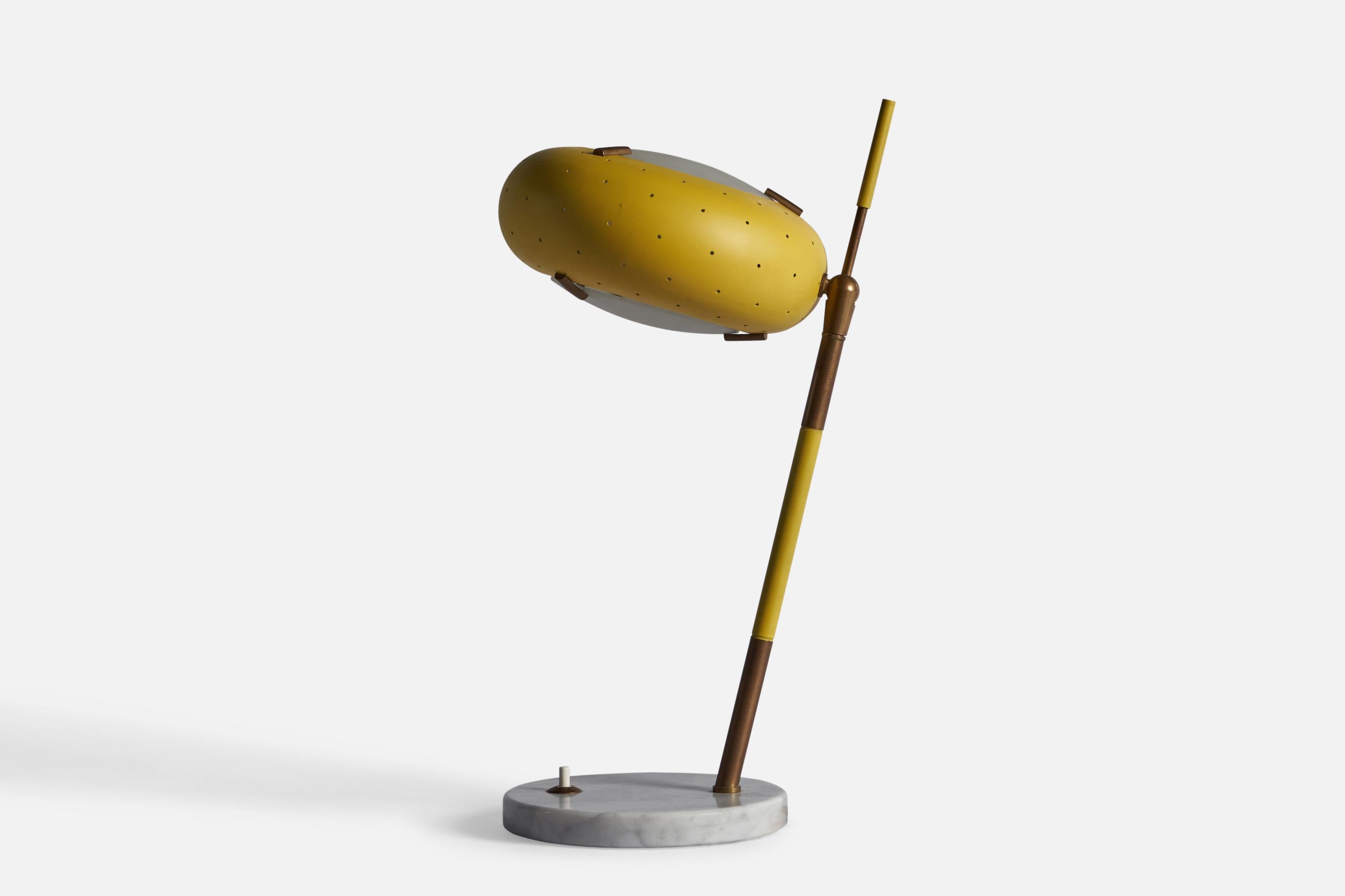 An adjustable brass, Carrara marble, glass and yellow-lacquered metal table lamp, designed and produced by Stilux Milano, c. 1950s

Overall Dimensions: 16