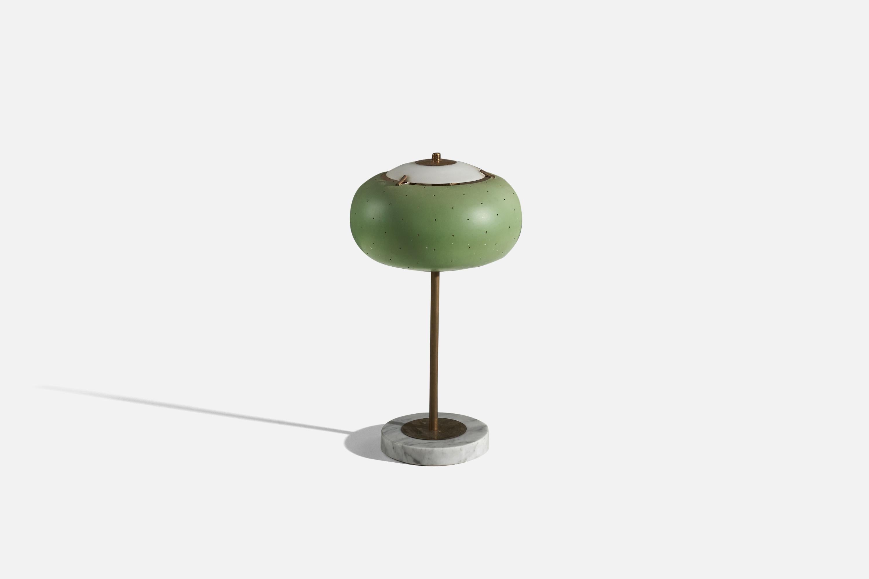 A brass, green-lacquered metal and marble table lamp, designed and produced by Stilux Milano, Italy, 1950s.

