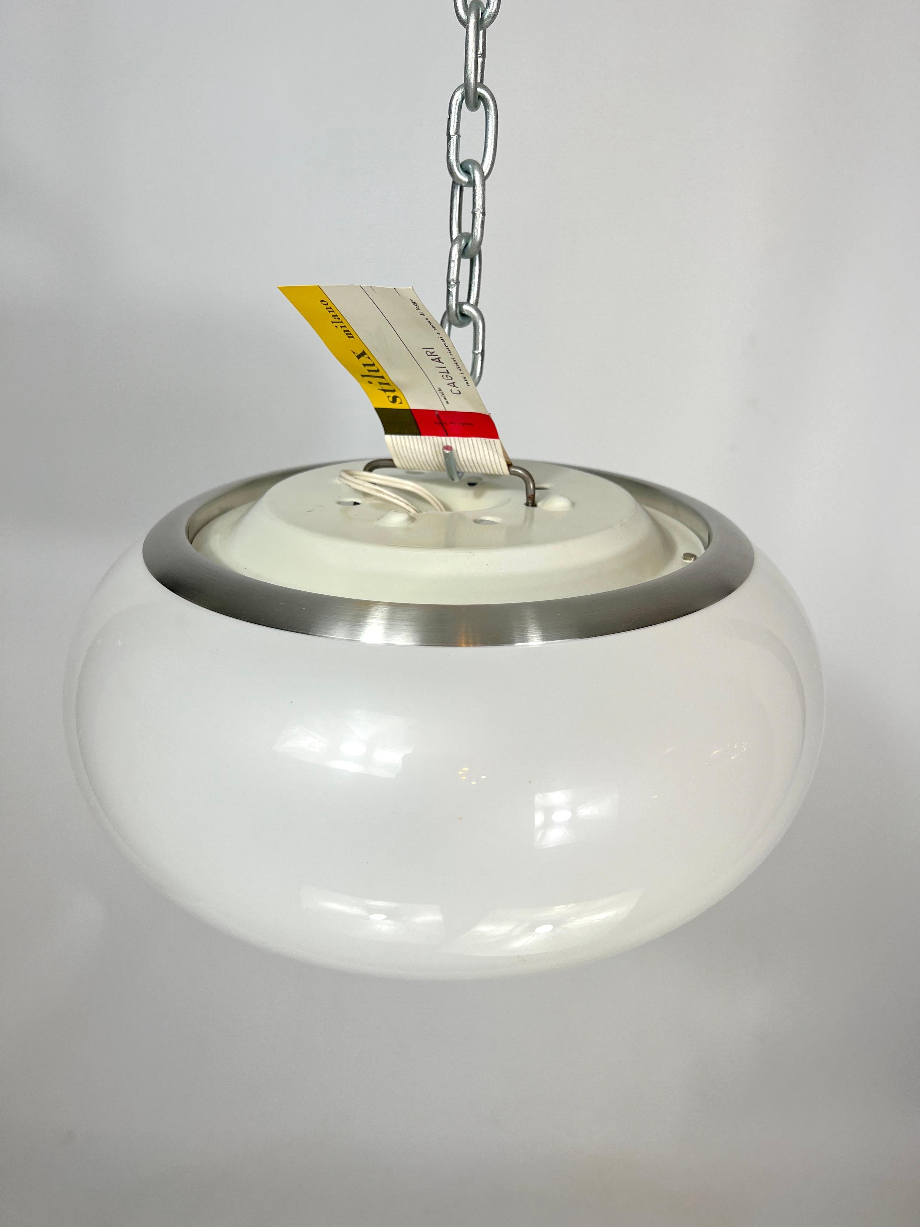 Italian Stilux Milano, White Perspex and Aluminum Ceiling Lamp from 60s For Sale