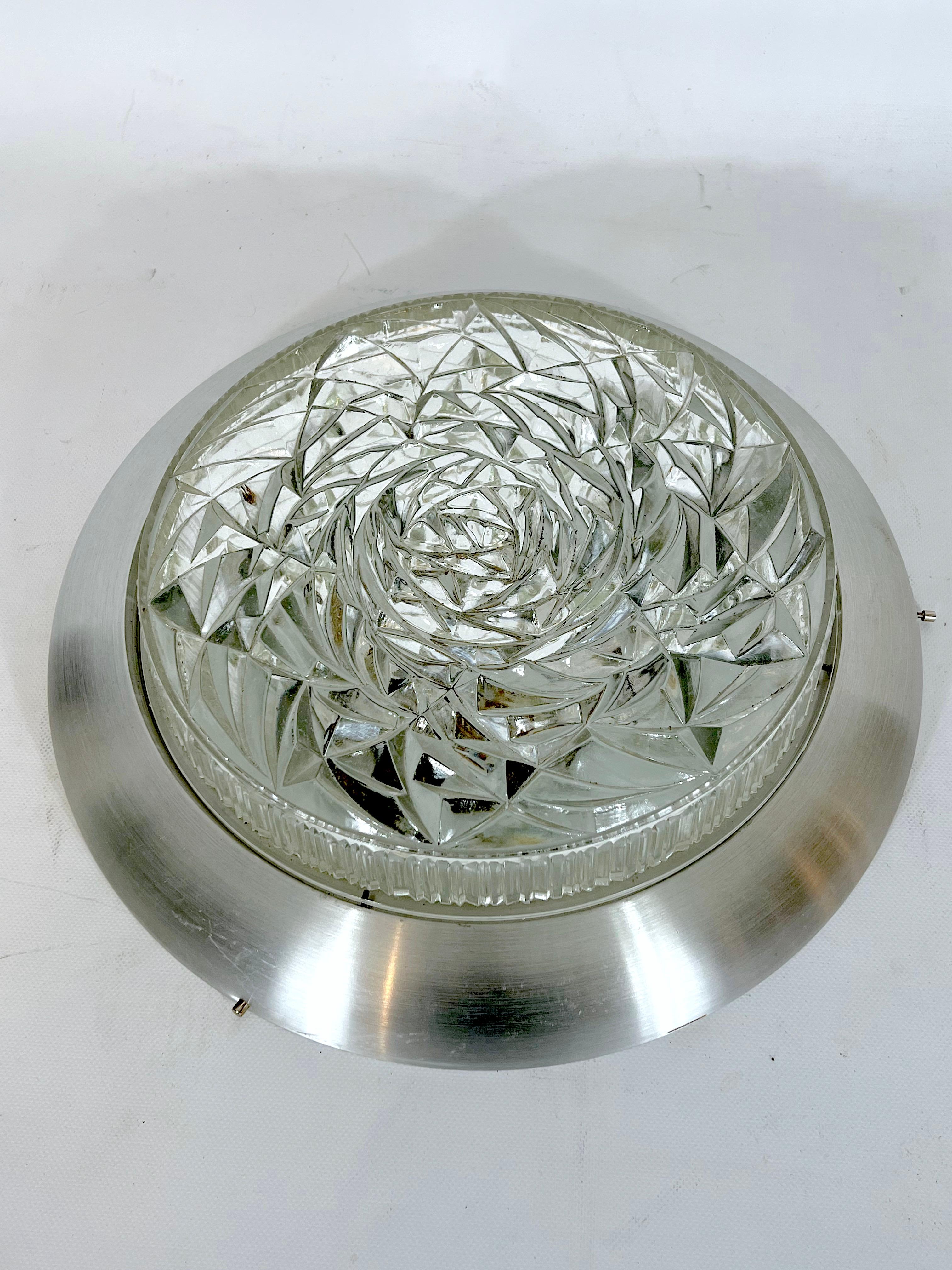 Mid-Century Modern Stilux Milano, XXL Size Mid-Century Aluminum and Glass Ceiling Lamp or Sconce For Sale