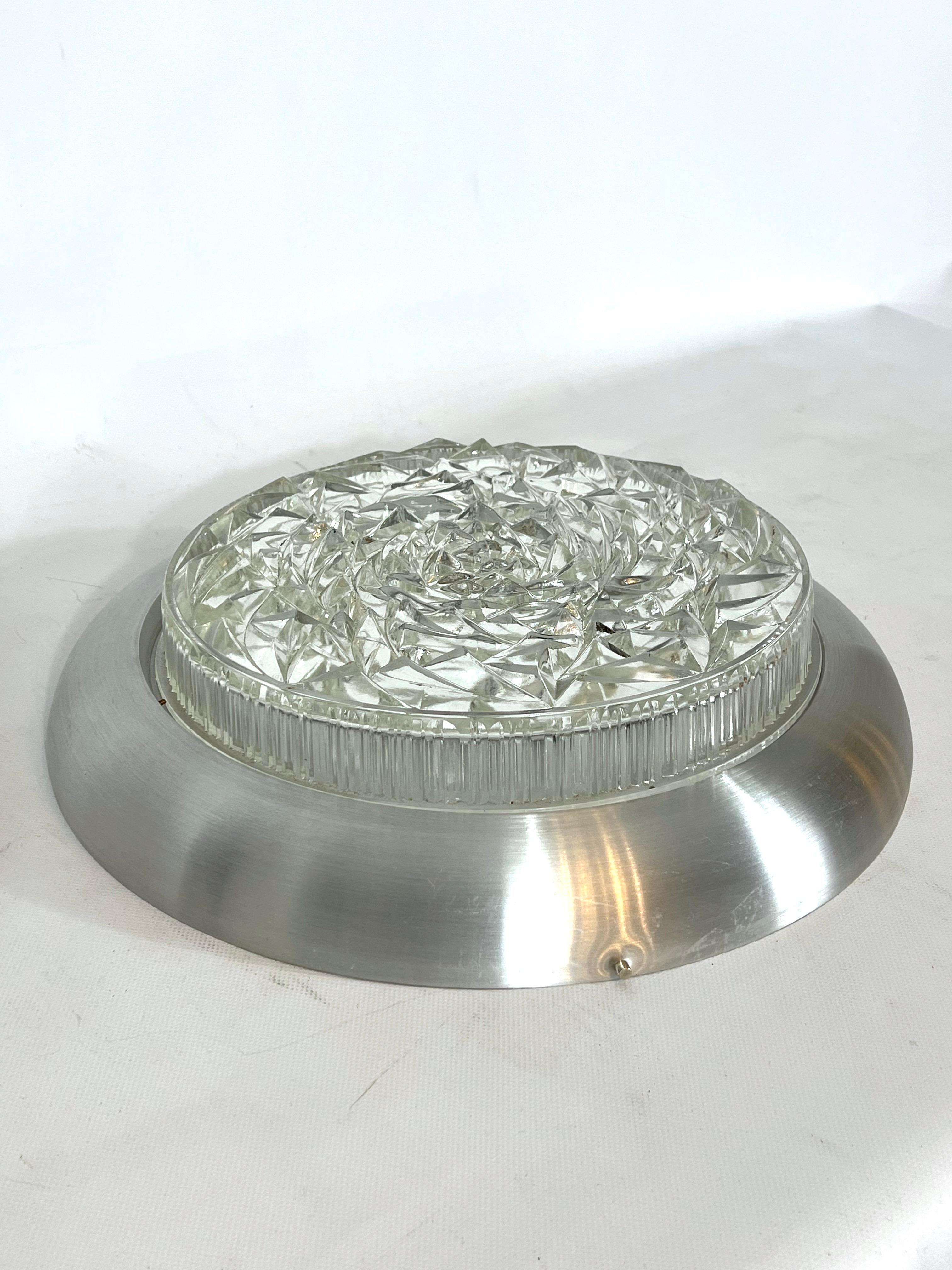 20th Century Stilux Milano, XXL Size Mid-Century Aluminum and Glass Ceiling Lamp or Sconce For Sale