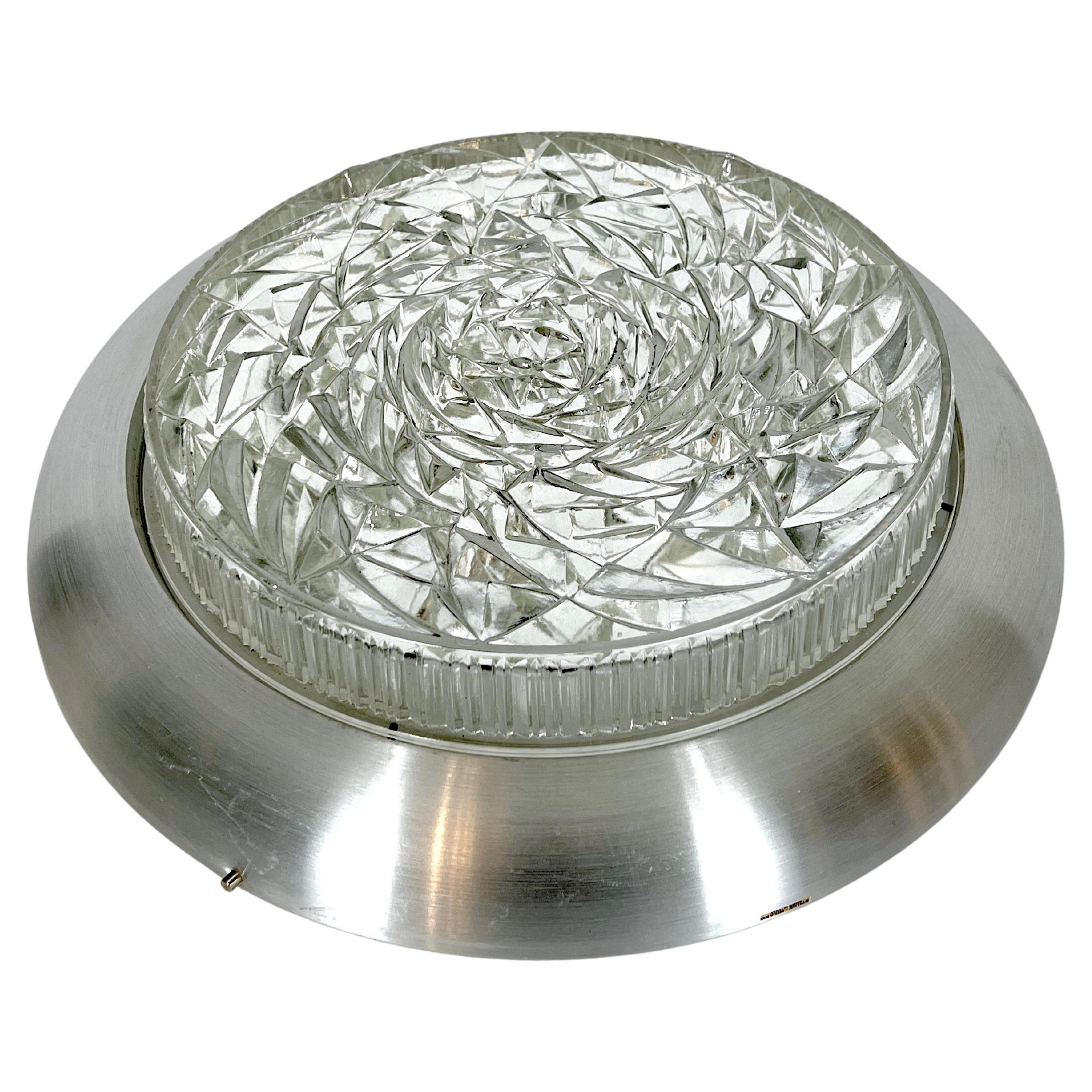 Stilux Milano, XXL Size Mid-Century Aluminum and Glass Ceiling Lamp or Sconce For Sale