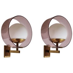 Stilux, Pair of Lucite, Brass and Opaline Glass Midcentury Sconces, Italy, 1970