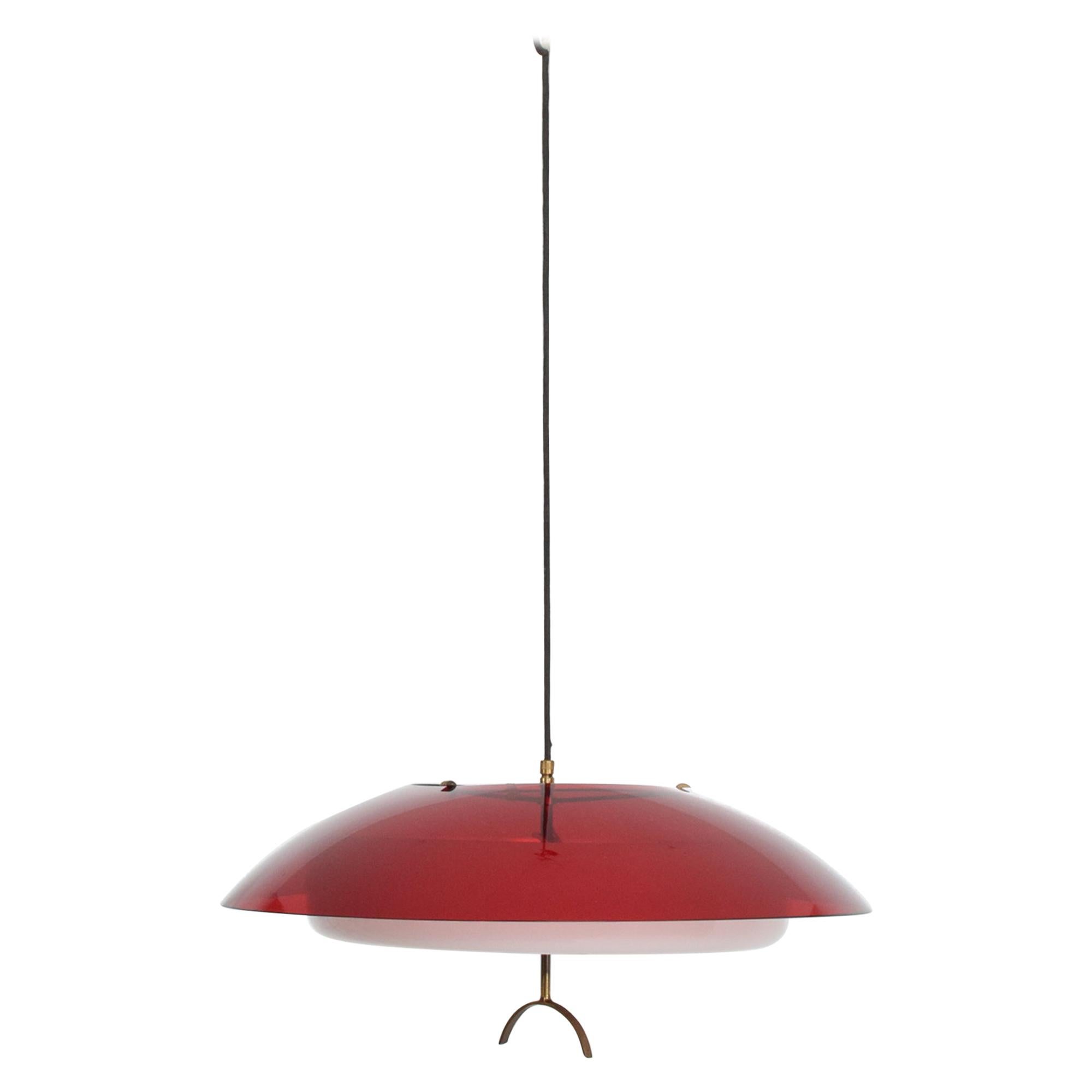 Stilux White and Red Molded Plexiglass Pendant Ceiling Lamp, 1960s, Milan, Italy