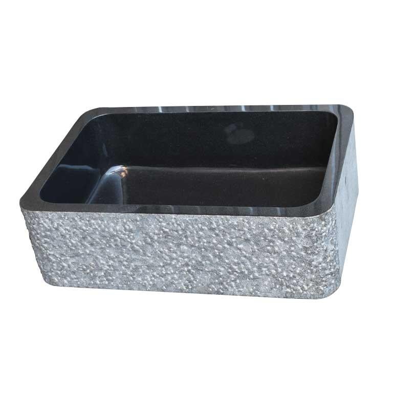 Beautiful brand new granite Farmhouse chiseled front apron Kitchen sink by Stine Forest. The apron front of this sink features a chiseled design. The inside is a smooth polished base and rim granite in black. Thick edges give this piece a wonderful