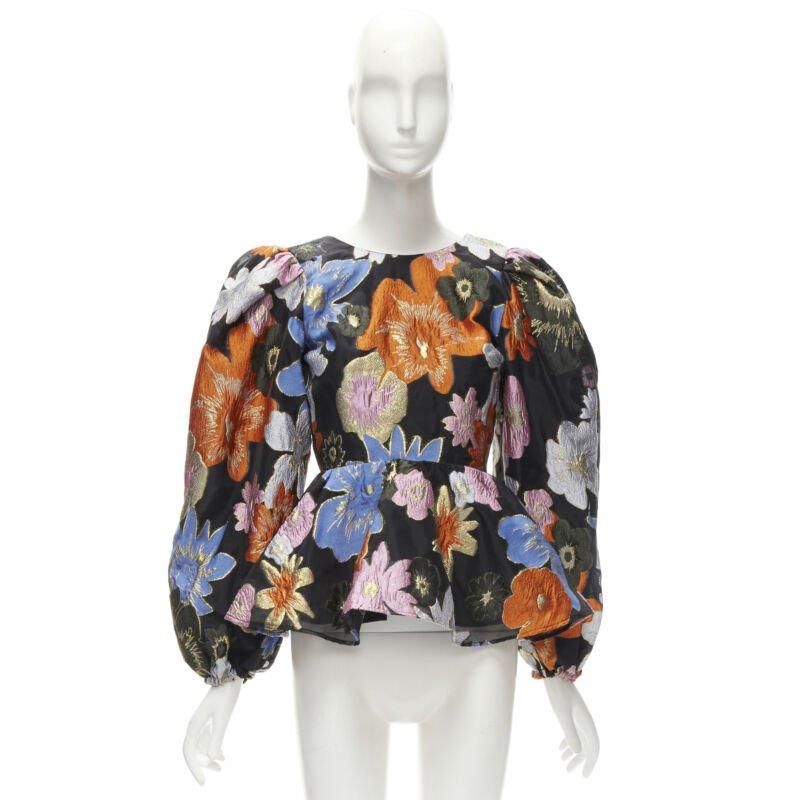 STINE GOYA orange blue floral jacquard peplum balloon sleeves top XS For Sale 5