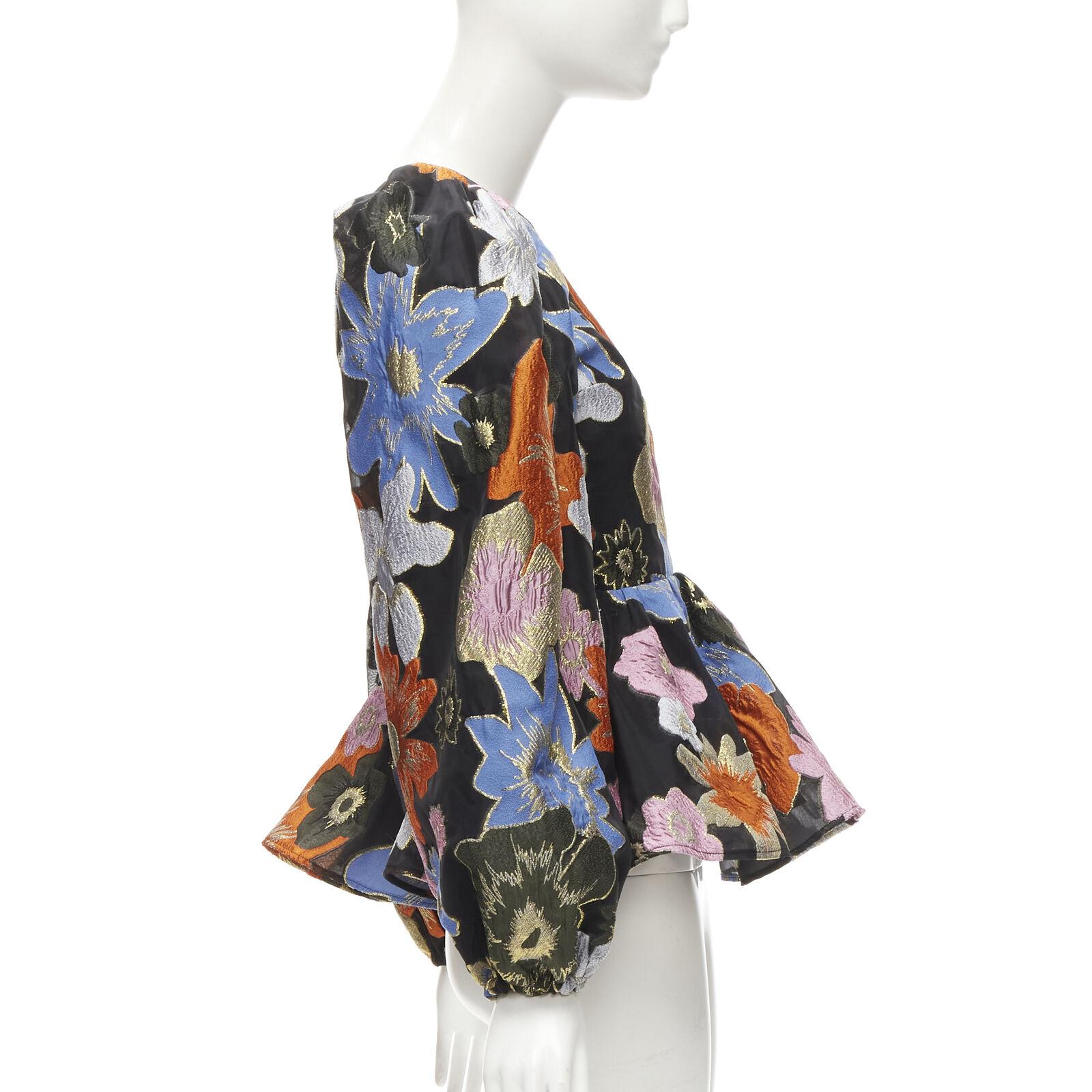 STINE GOYA orange blue floral jacquard peplum balloon sleeves top XS In Excellent Condition For Sale In Hong Kong, NT