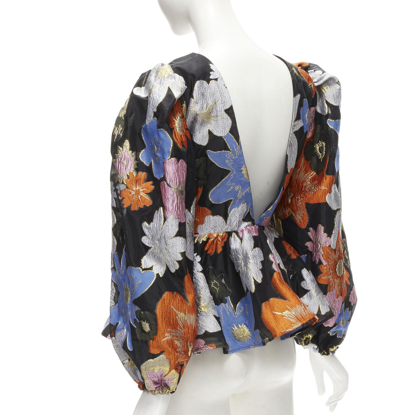 STINE GOYA orange blue floral jacquard peplum balloon sleeves top XS For Sale 1