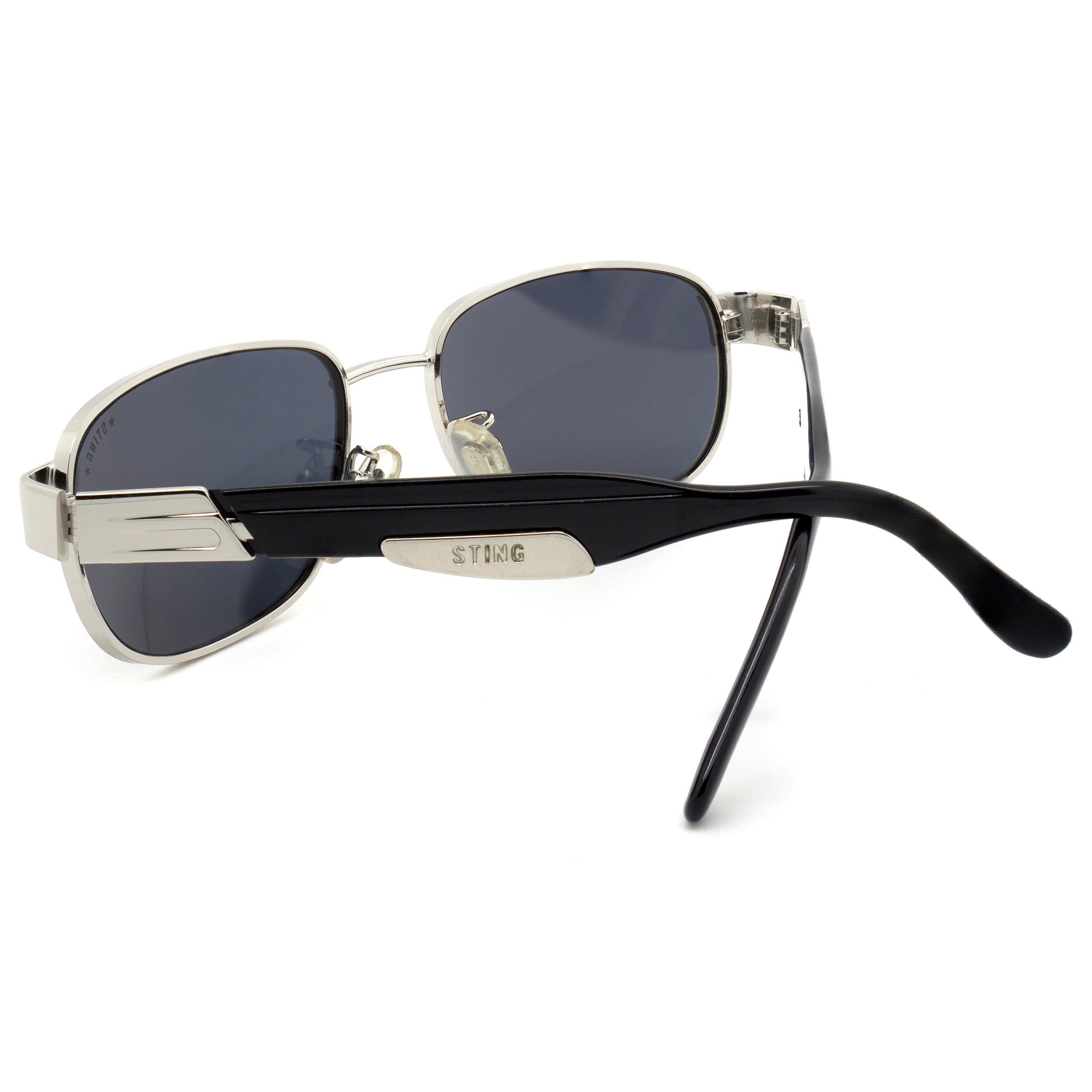 Nero Occhiali da sole vintage Sting, realizzati in Italia. Occhiali da sole rettangolari in argento per uomo in vendita