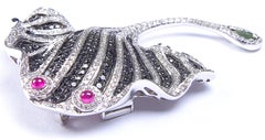 Stingray Brooch or Pendant in White Gold, Diamond, Ruby, Tourmaline, Black Gem