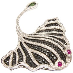 Vintage Stingray Brooch or Pendant in White Gold, Diamond, Ruby, Tourmaline, Black Gem