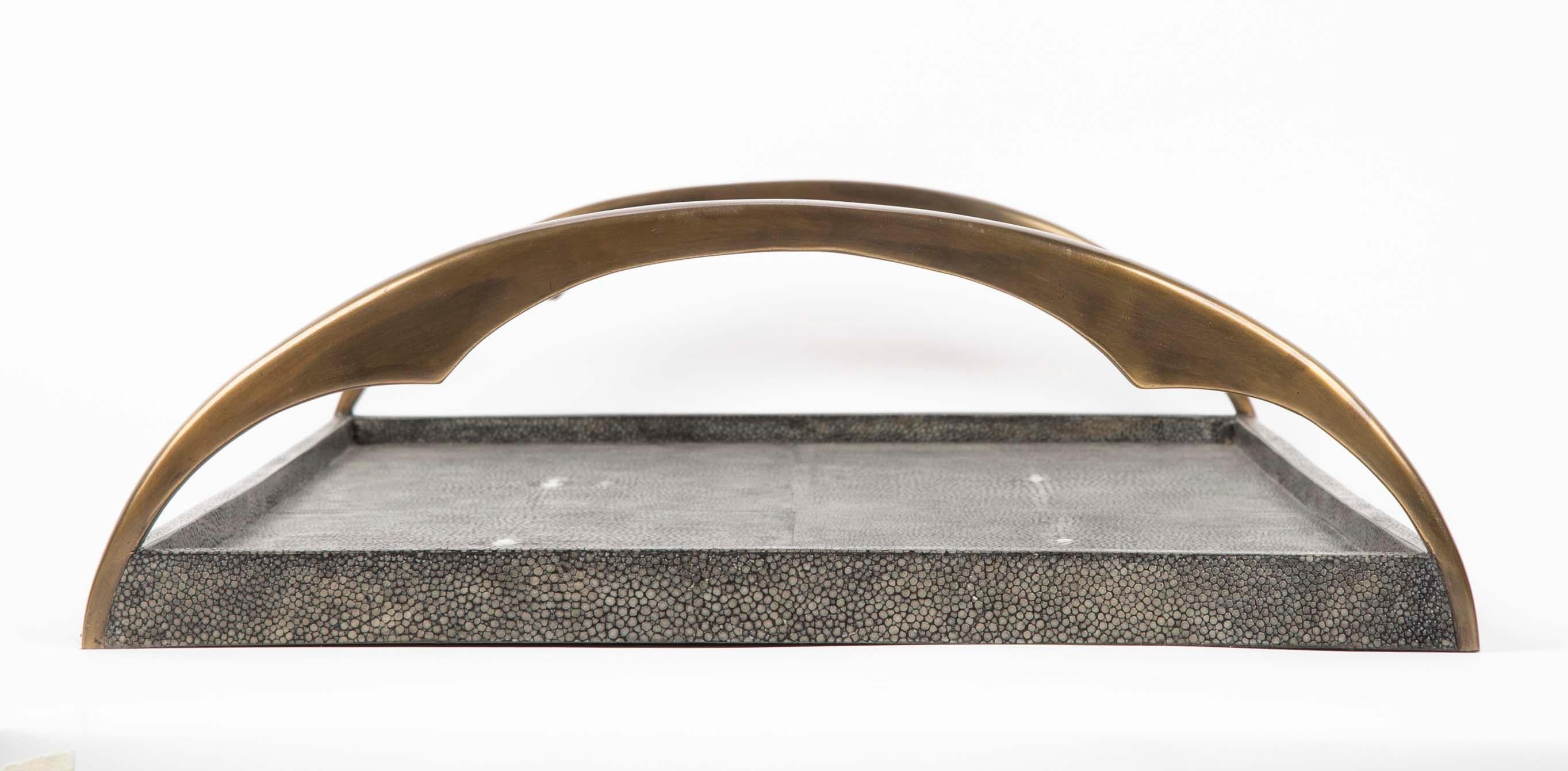 Stingray Shagreen Tray with Bronze Handles by Augousti In Good Condition In Stamford, CT