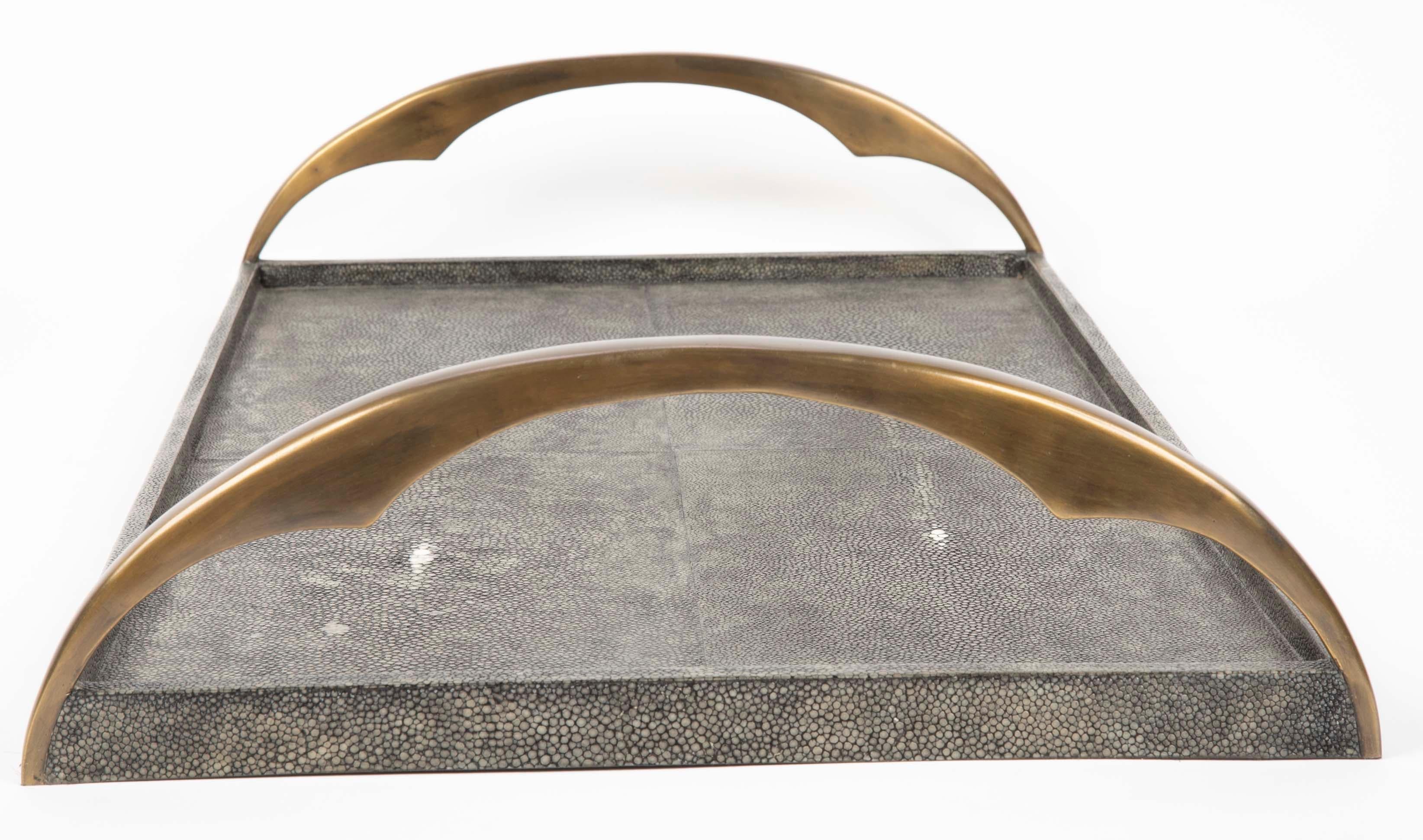 Late 20th Century Stingray Shagreen Tray with Bronze Handles by Augousti