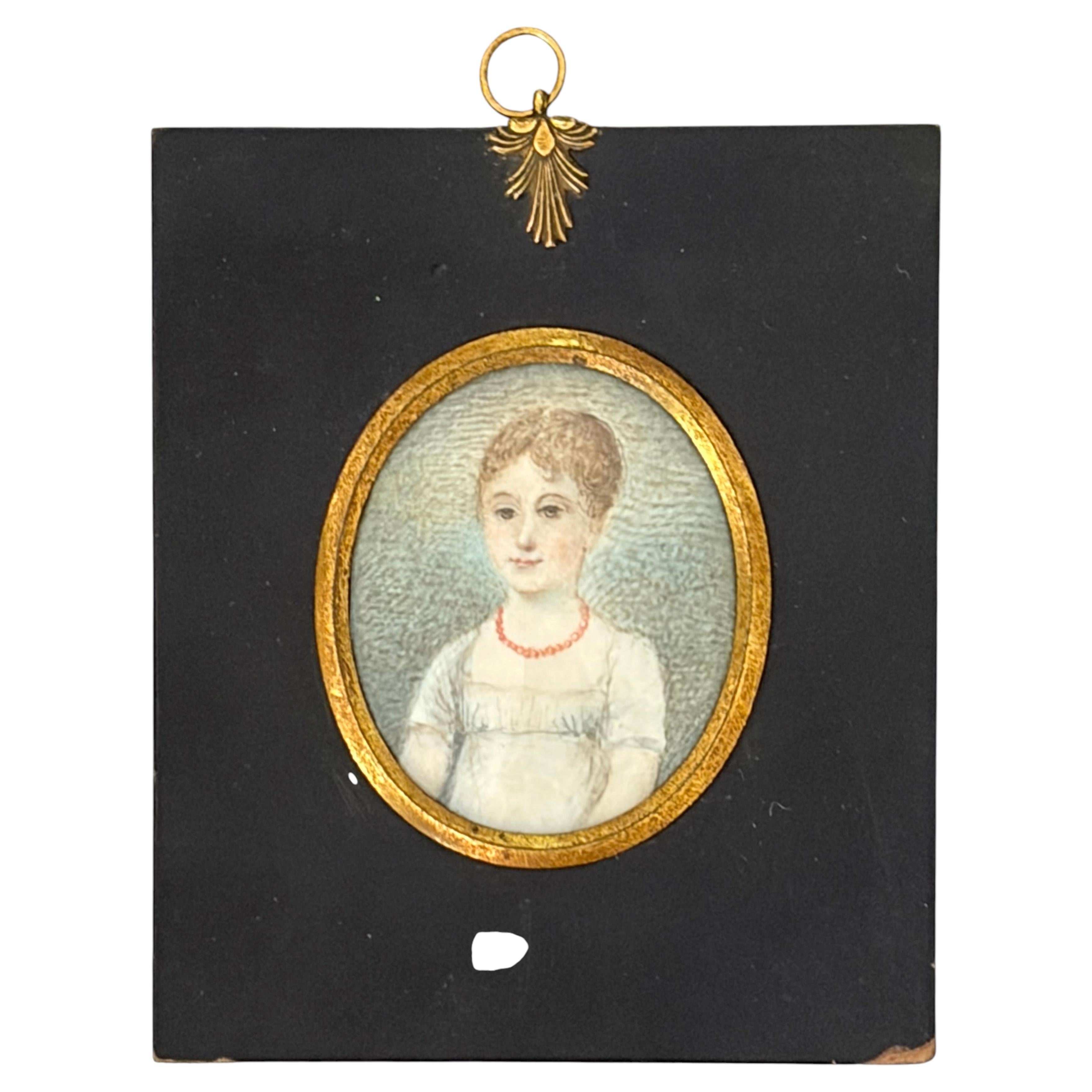 Stippled Regency Miniature Portrait of a Young Woman With Coral Beads
