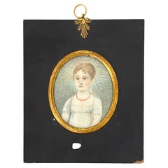 Stippled Regency Miniature Portrait of a Young Woman With Coral Beads