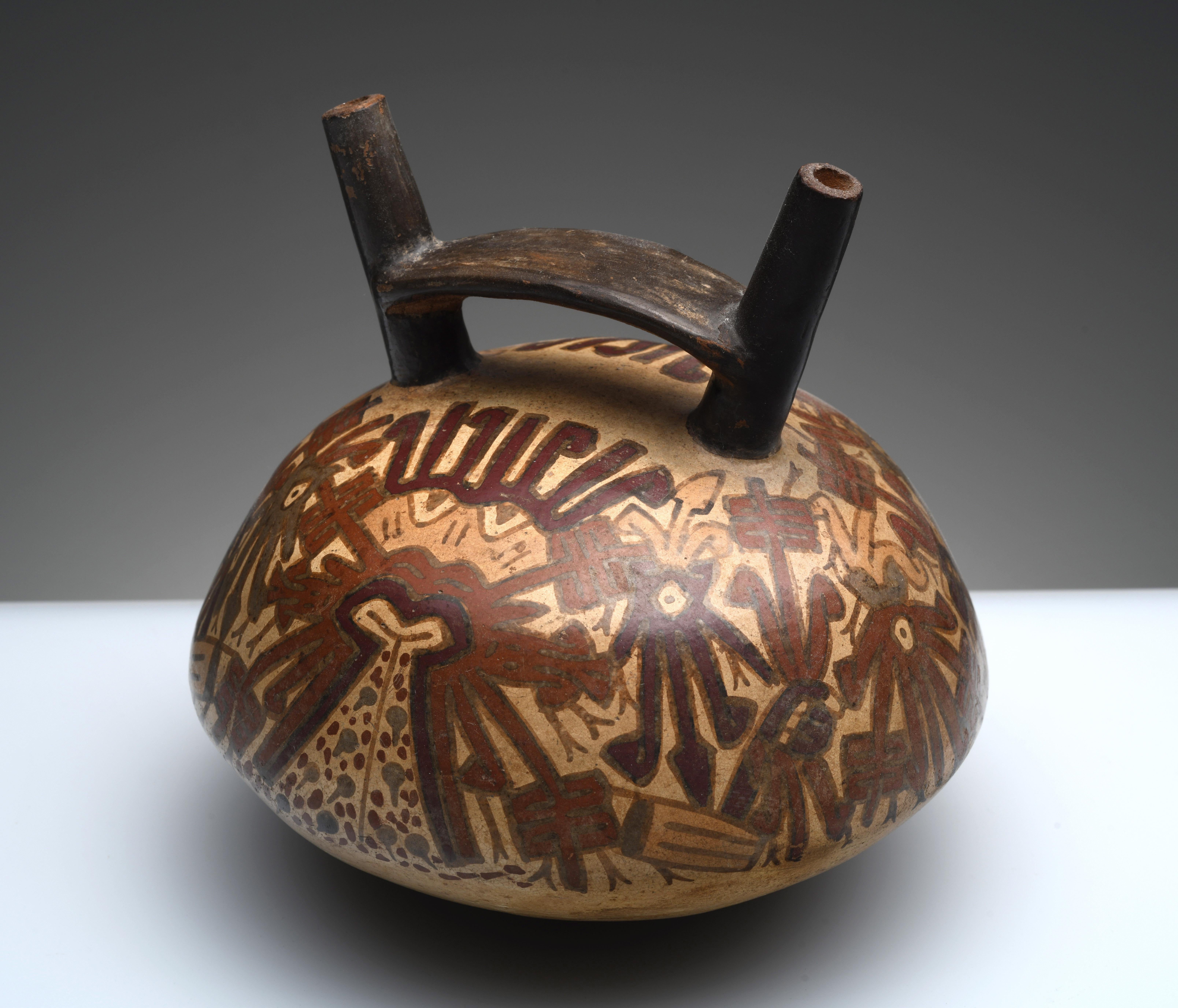 Ceramic Stirrup Double Spout Nazca Polychrome Pre-Columbian Vessel