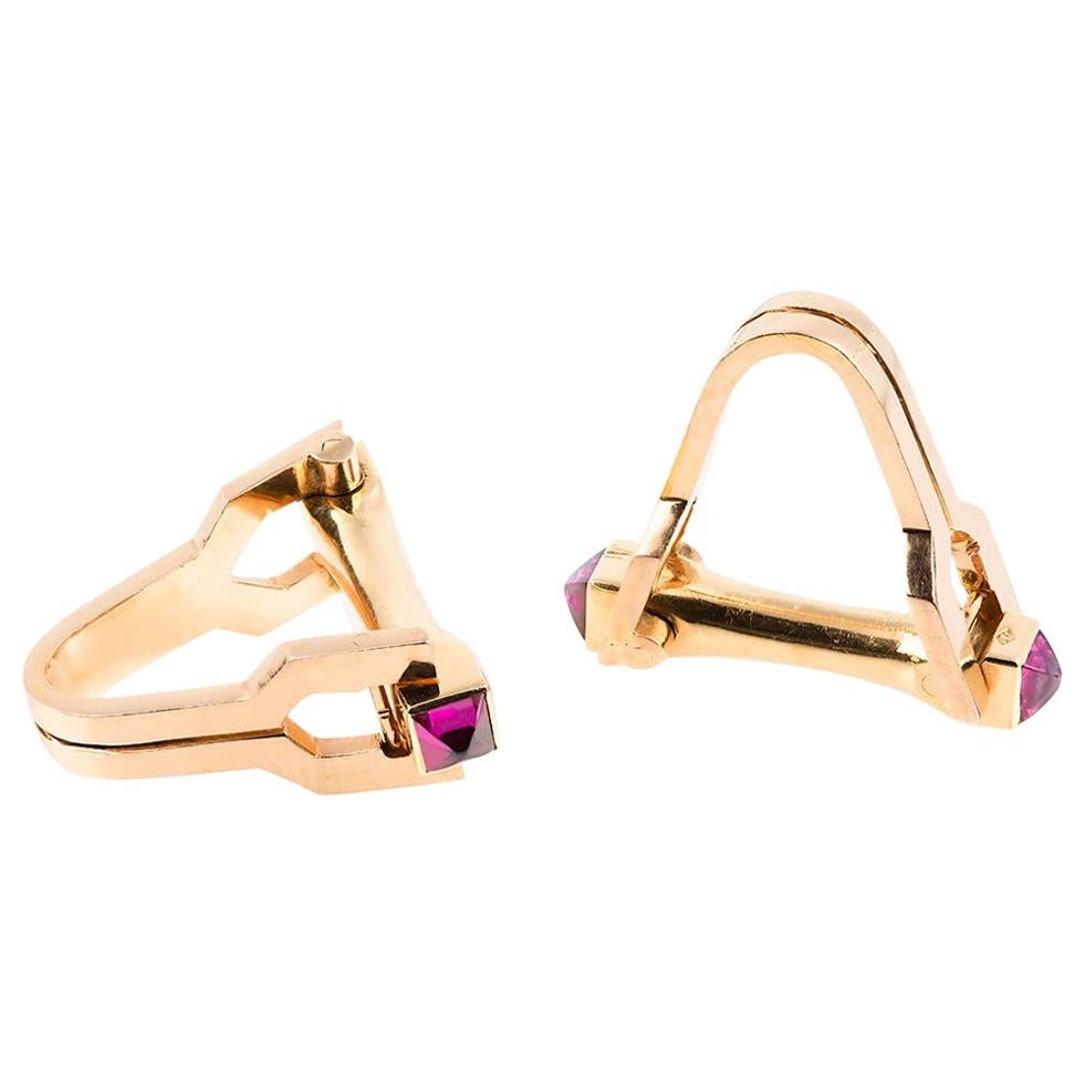 Stirrup Shaped Cufflinks in 18 Karat Gold with Two Rubies, French, circa 1950 For Sale