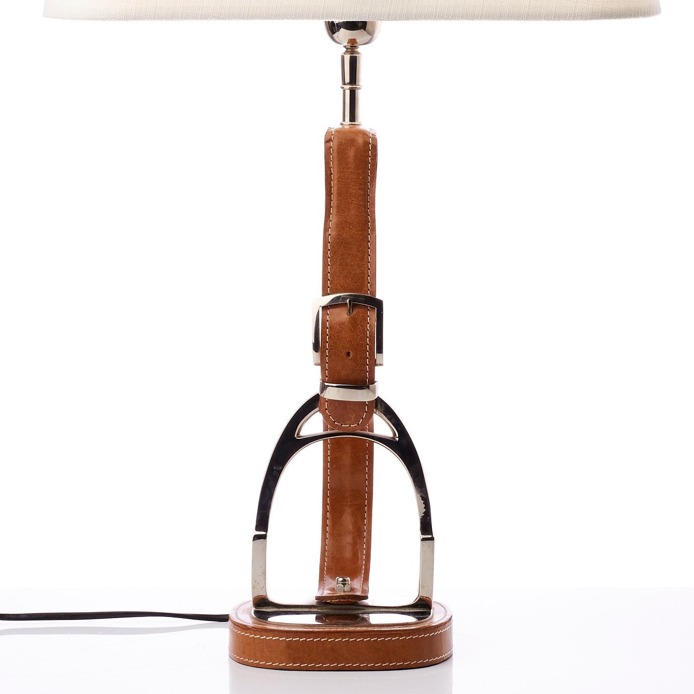 Indian Stirrup Table Lamp in Brown Leather