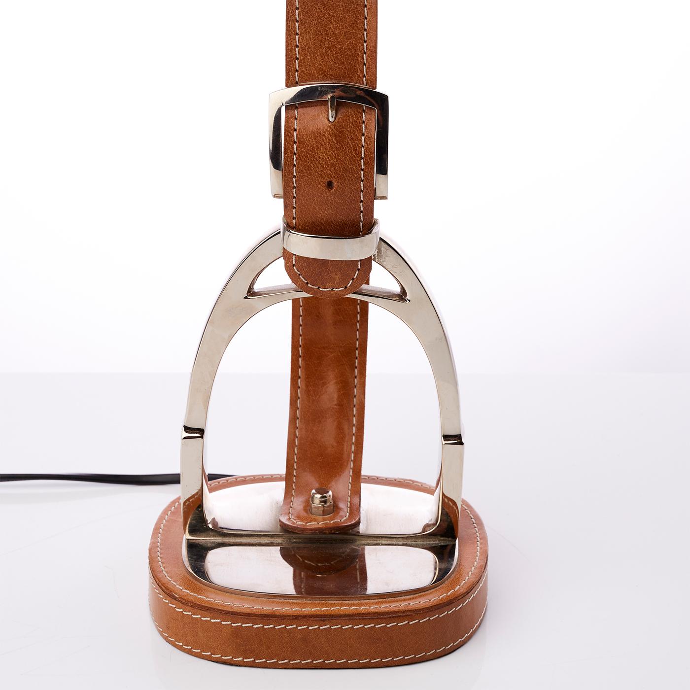 Polished Stirrup Table Lamp in Brown Leather