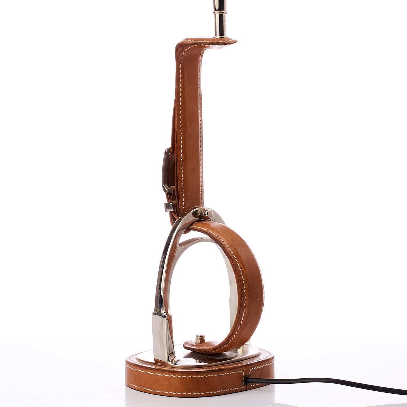 Contemporary Stirrup Table Lamp in Brown Leather