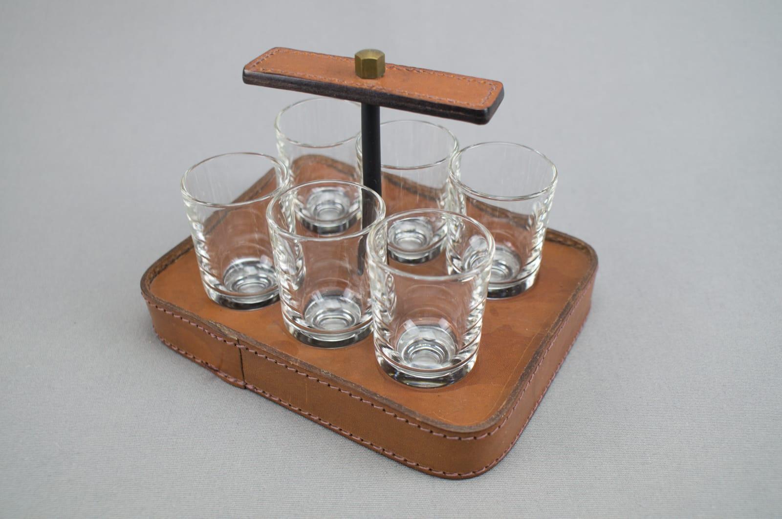 Mid-Century Modern Stitched Adnet Attributed Table Leather Schnapps Glass Holder, France, 1960s For Sale