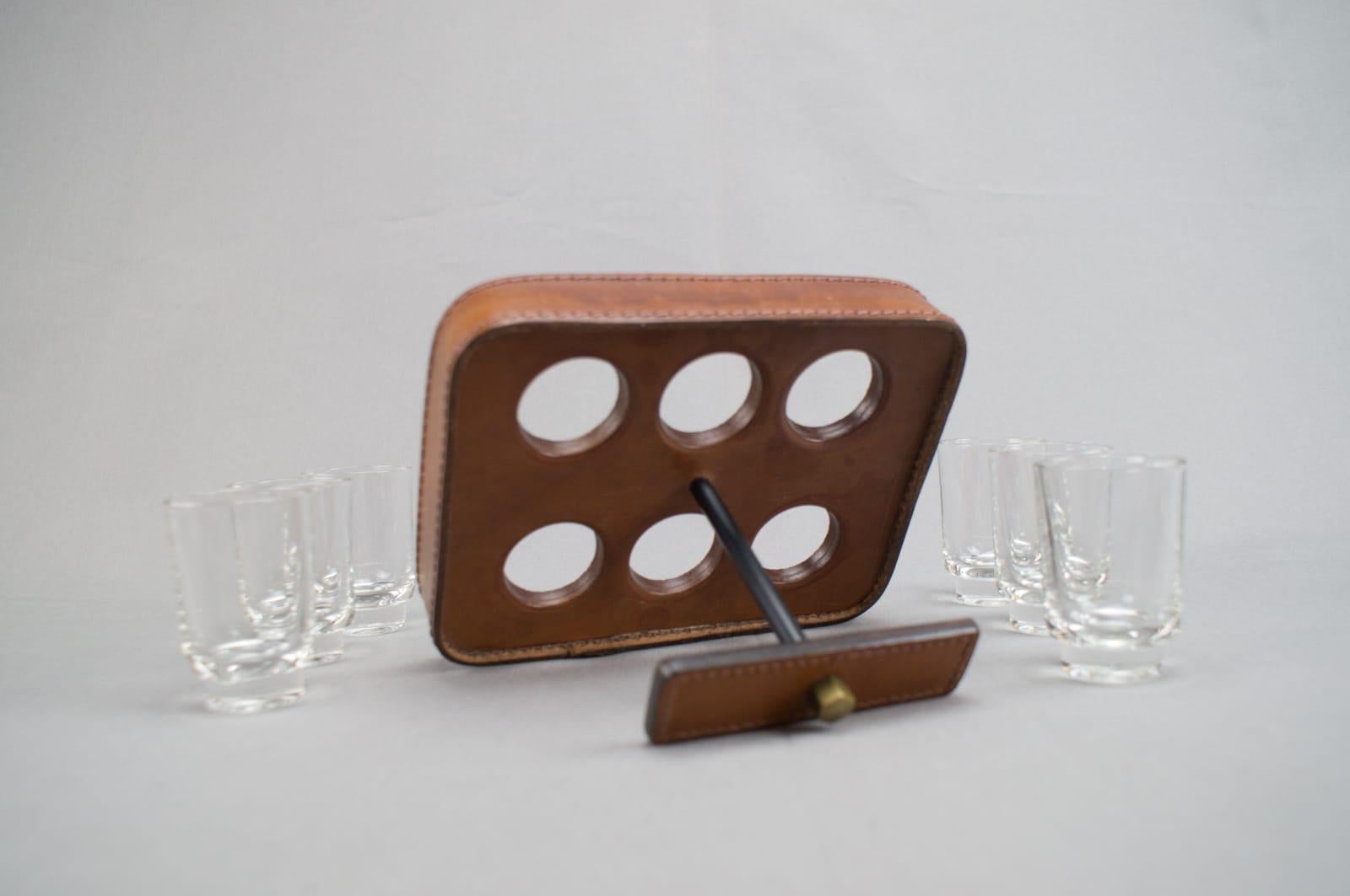 French Stitched Adnet Attributed Table Leather Schnapps Glass Holder, France, 1960s For Sale