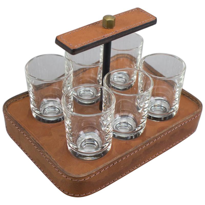 Stitched Adnet Attributed Table Leather Schnapps Glass Holder, France, 1960s For Sale